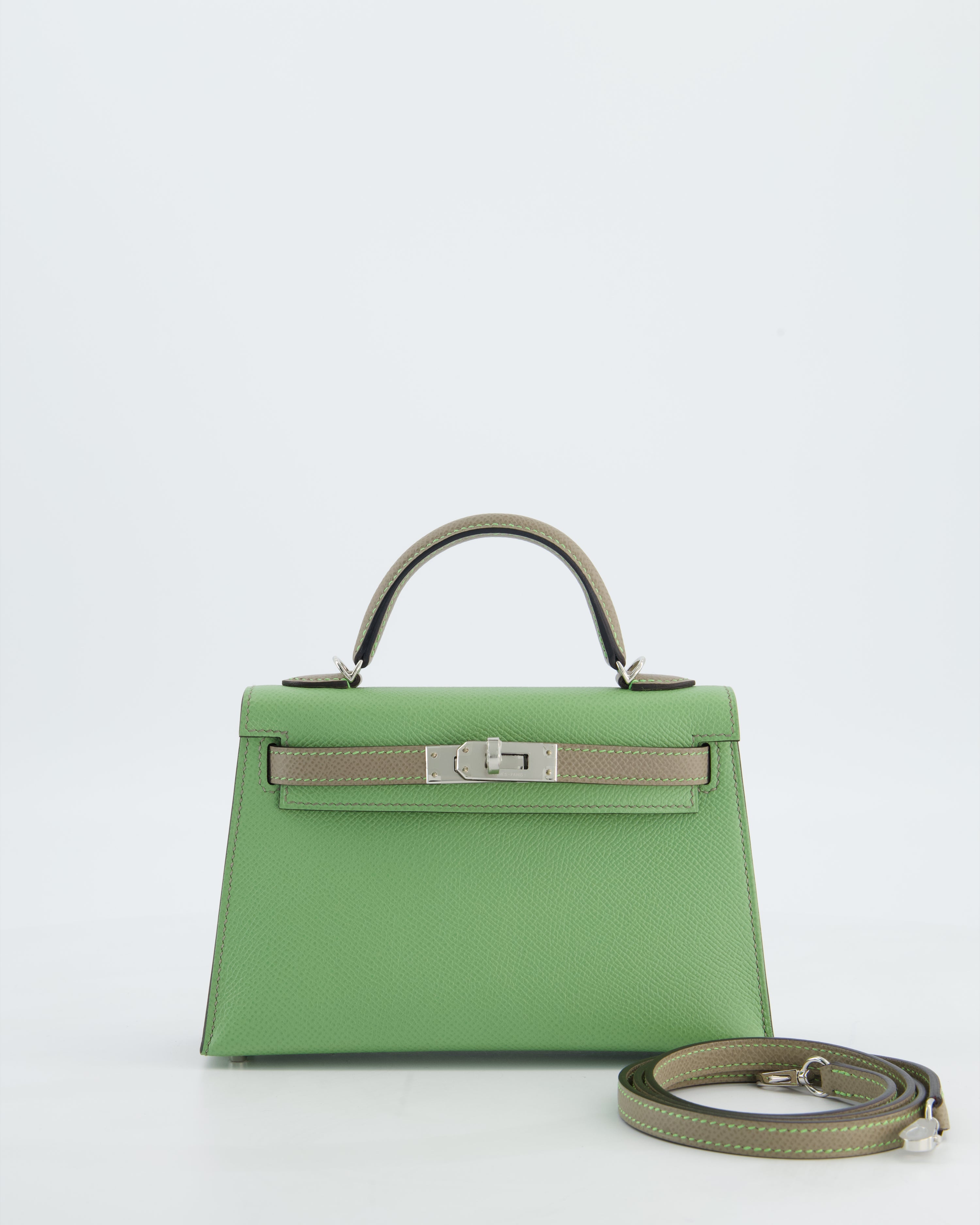 *SUPER RARE* Hermès HSS Mini Kelly II 20 Bag in Vert Criquet & Gris Asphalte Epsom Leather with Contrast Stitching and Palladium Hardware