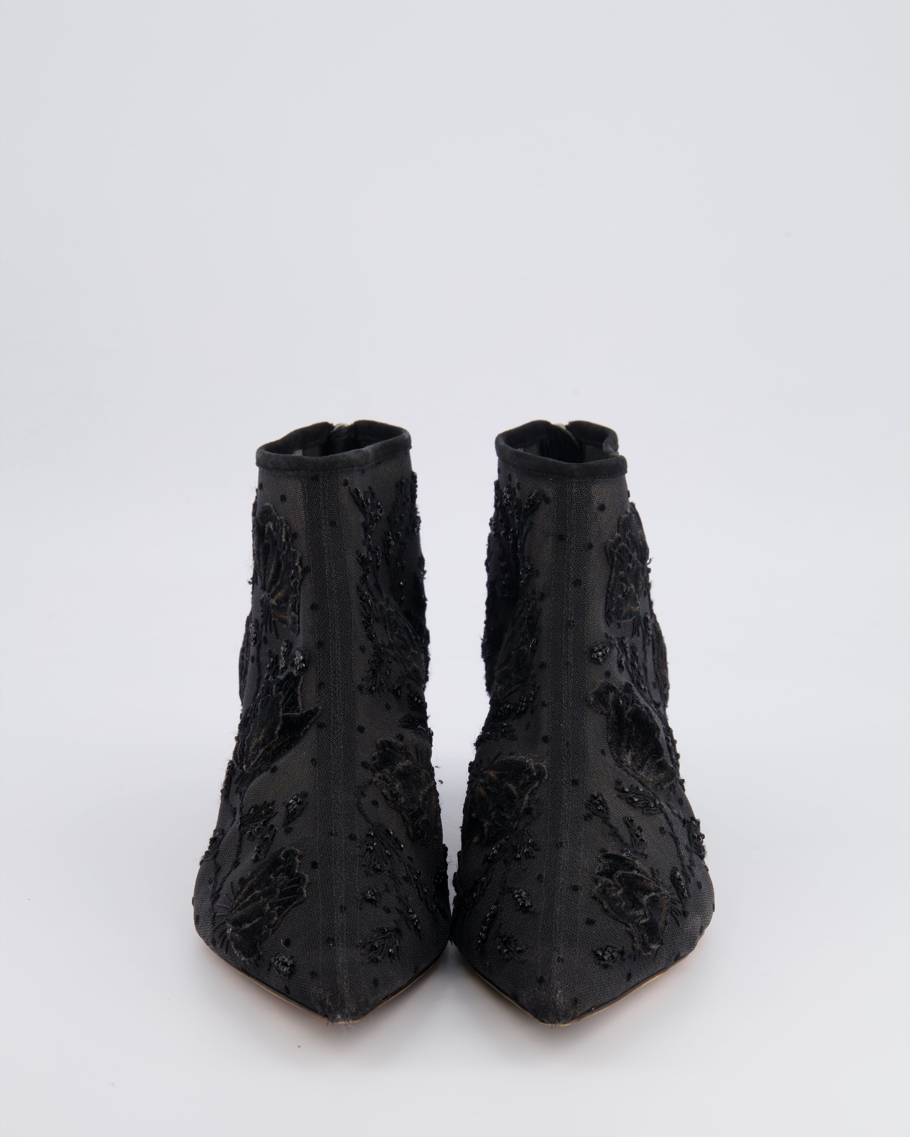 Christian Dior Black Mesh Pointed Kitten Heeled Ankle Boots with Velours and Beaded Floral Embroideries Size EU 38.5