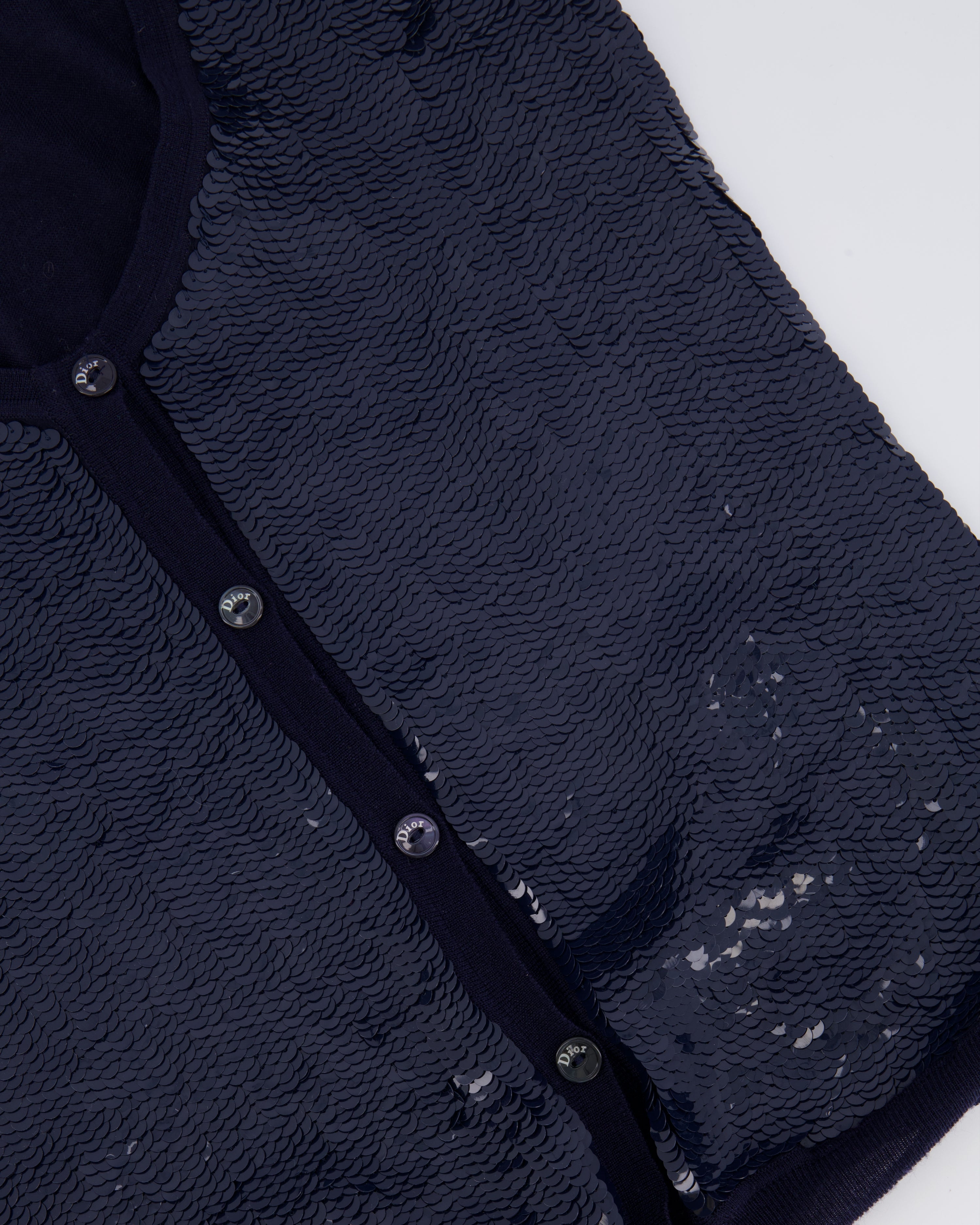Christian Dior Navy Wool and Sequin Embellished Gilet with Black Logo Buttons Size FR 34 (UK 6)