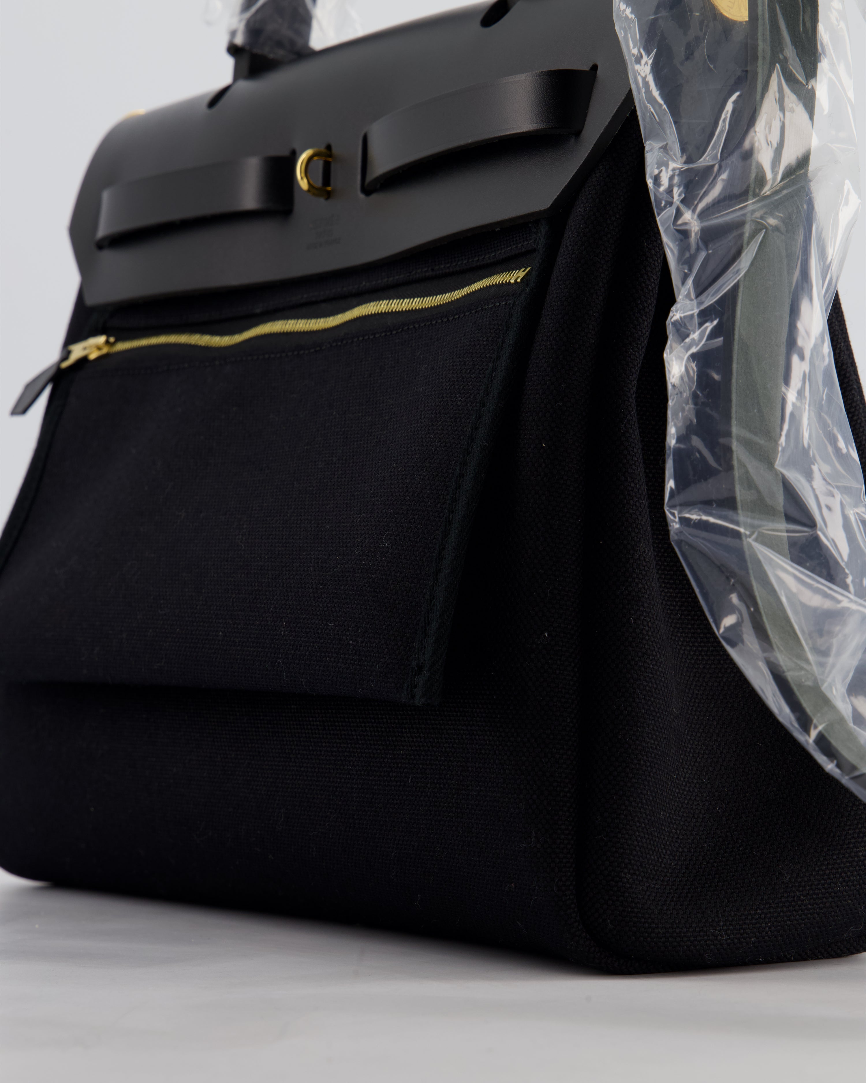 Hermès Herbag 31 Zip Bag in Noir Toile Officier Canvas, Noir Vache Hunter Leather with Gold Hardware