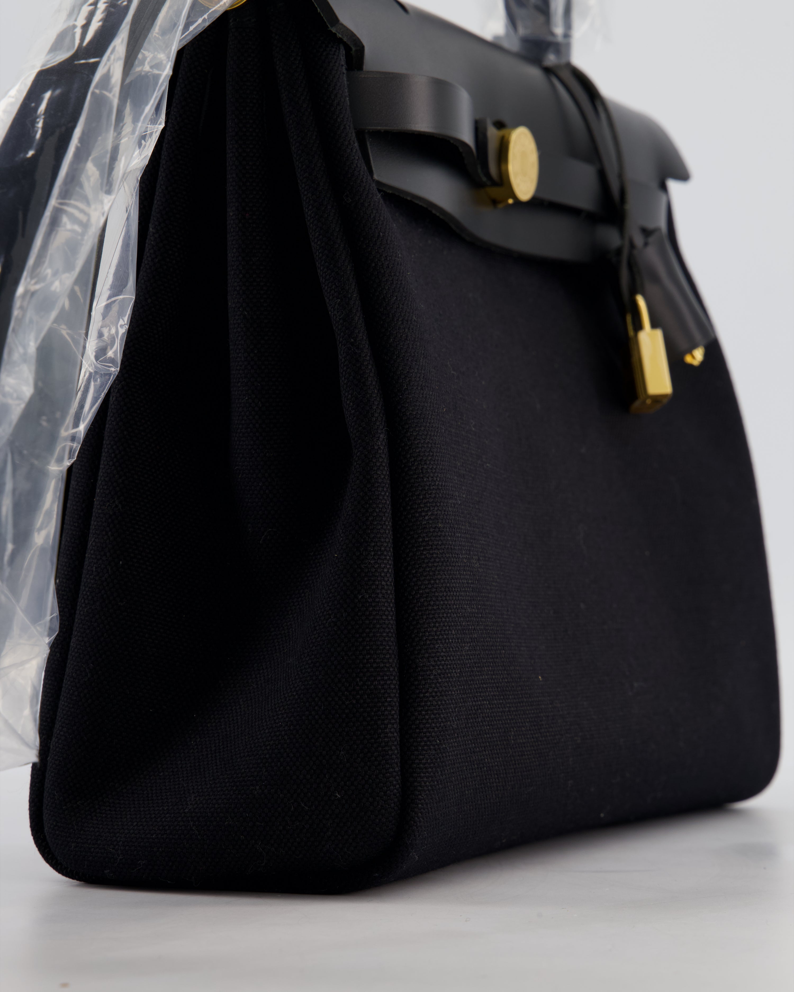 Hermès Herbag 31 Zip Bag in Noir Toile Officier Canvas, Noir Vache Hunter Leather with Gold Hardware