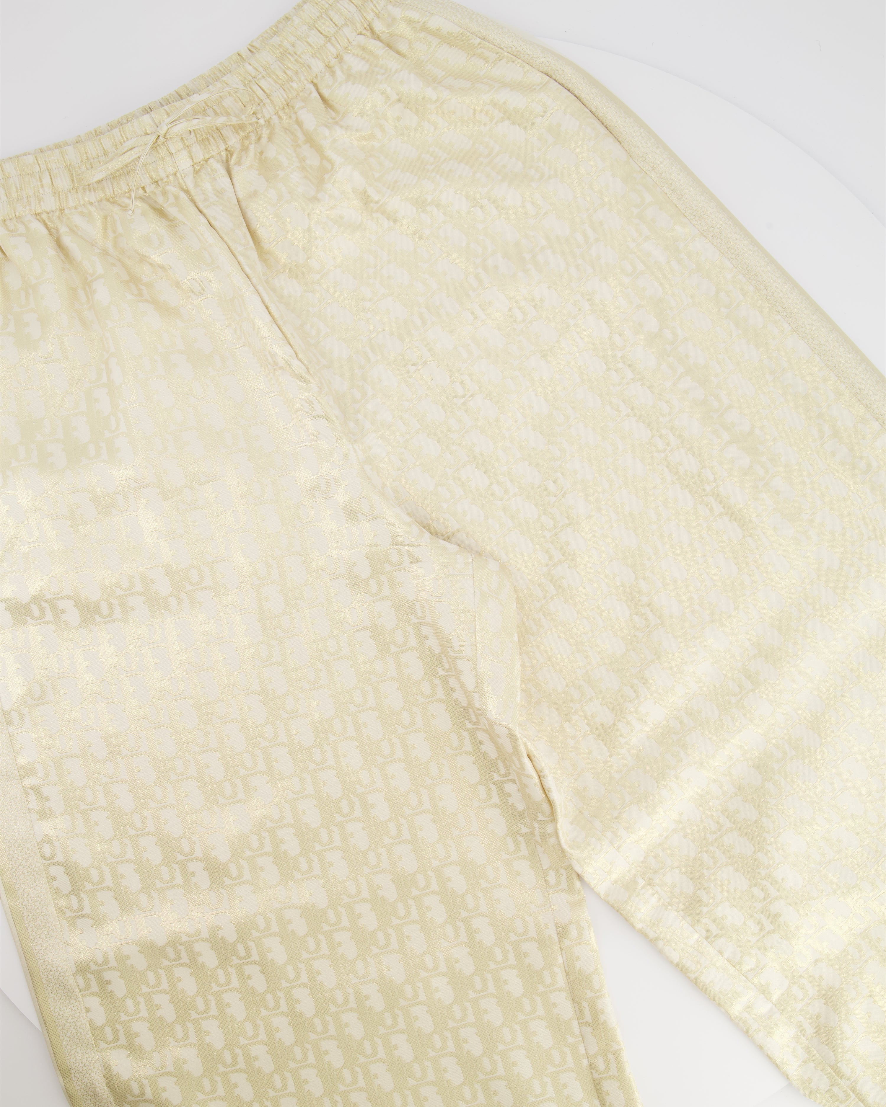Christian Dior White and Gold Silk-Twill Or Trousers with Oblique Logo Print Size FR 36 (UK 8) RRP £1,900