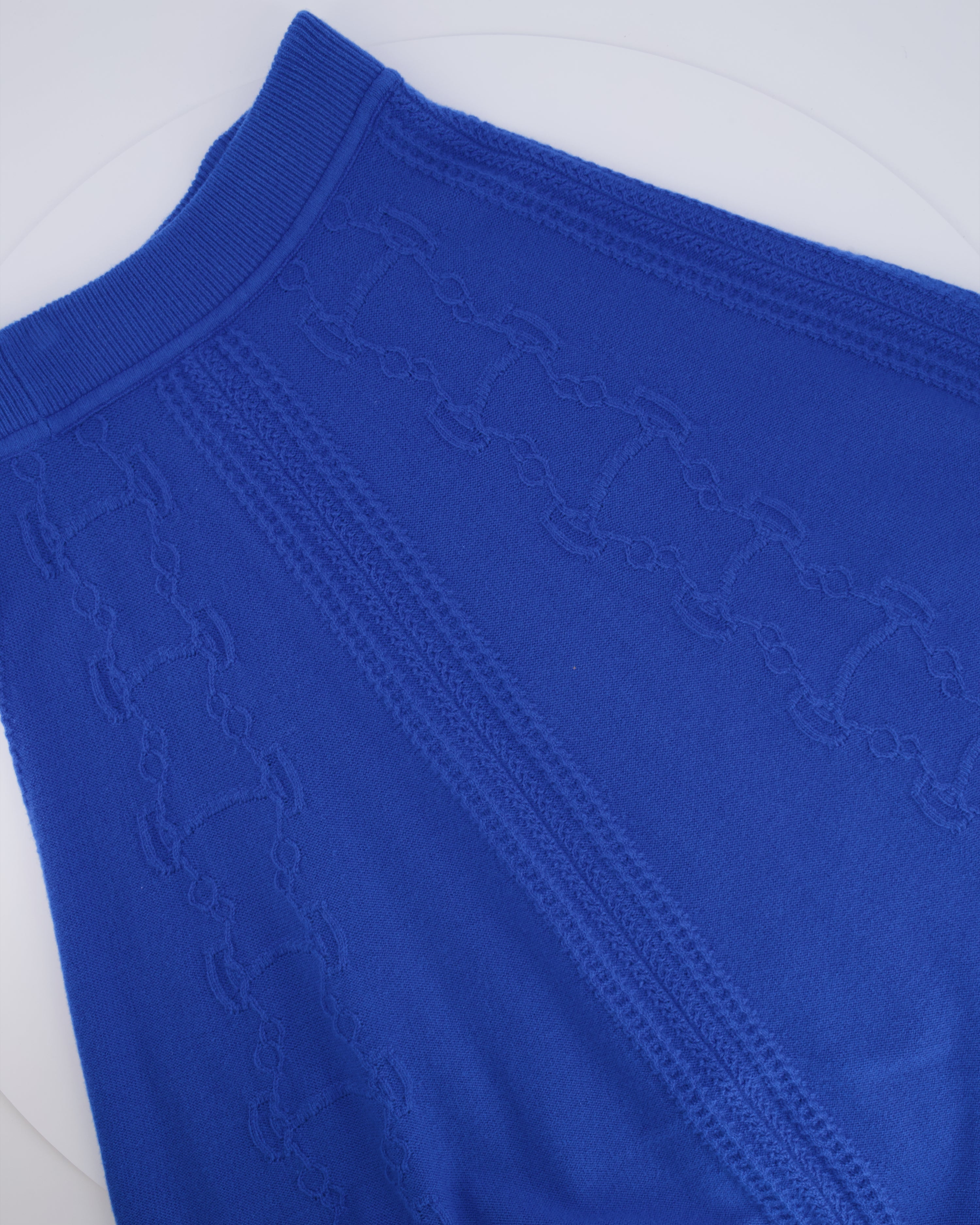 Hermès Blue Wool Knitted Midi Skirt with Embroideries Size FR 40 (UK 12)