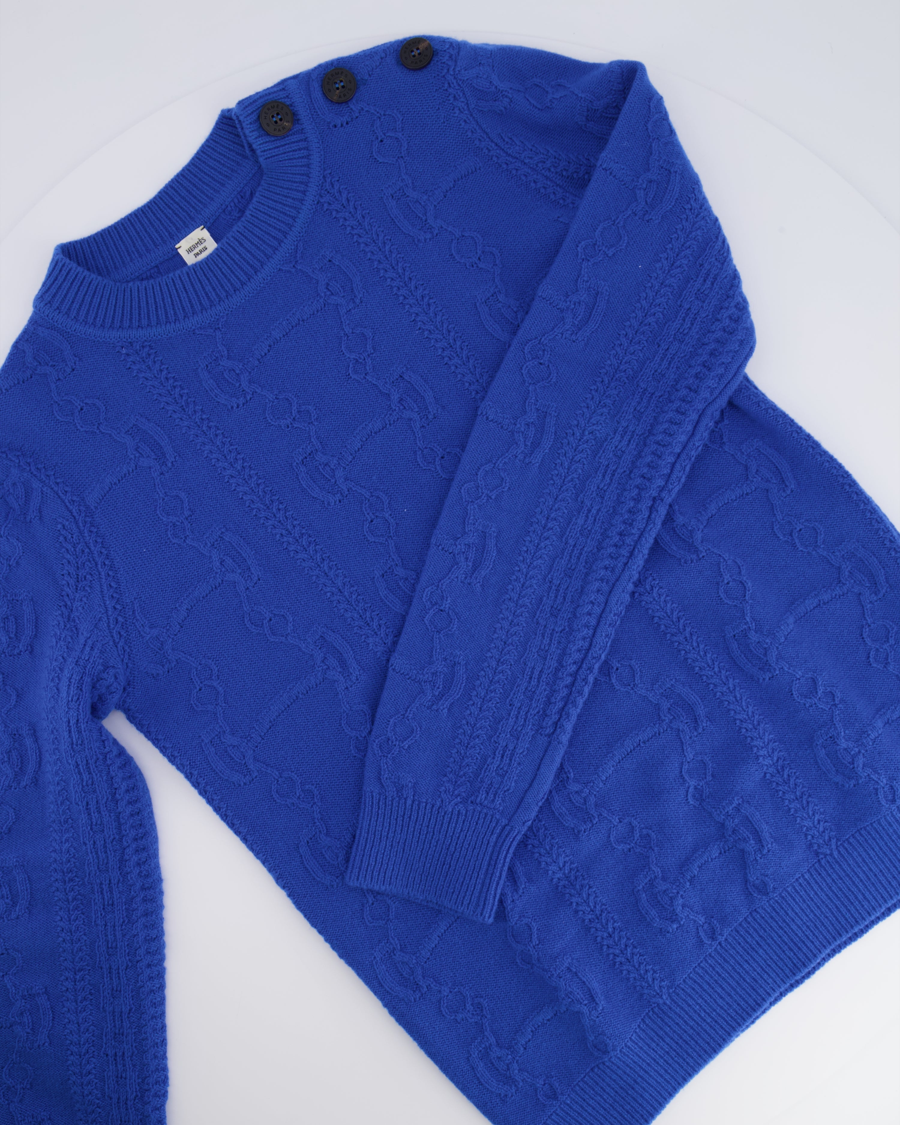 Hermès Blue Wool Knitted Jumper with Brown Logo Buttons Size FR 36 (UK 8)