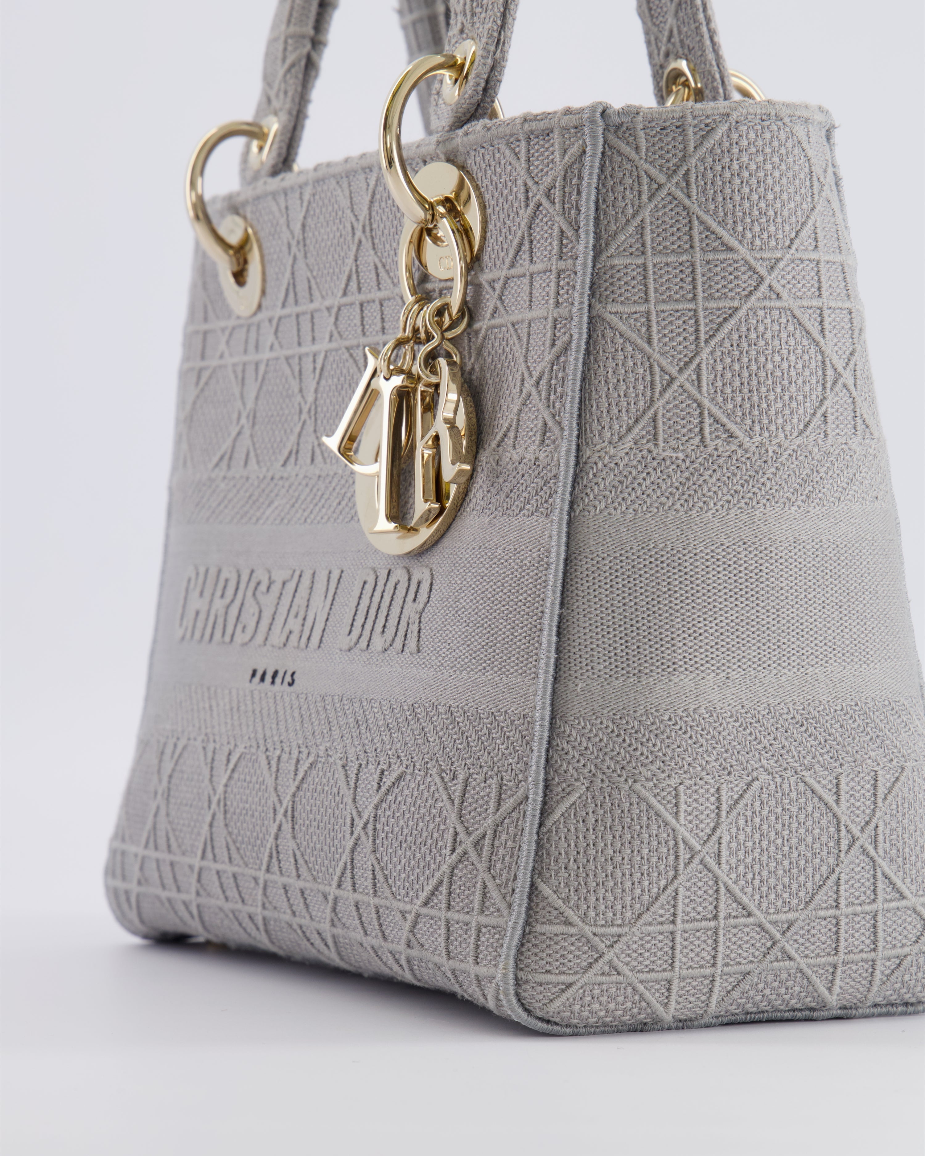 Christian Dior Grey Medium Lady D-Lite Bag in Embroidered Cannage Canvas with Champagne Gold Hardware RRP £4,300