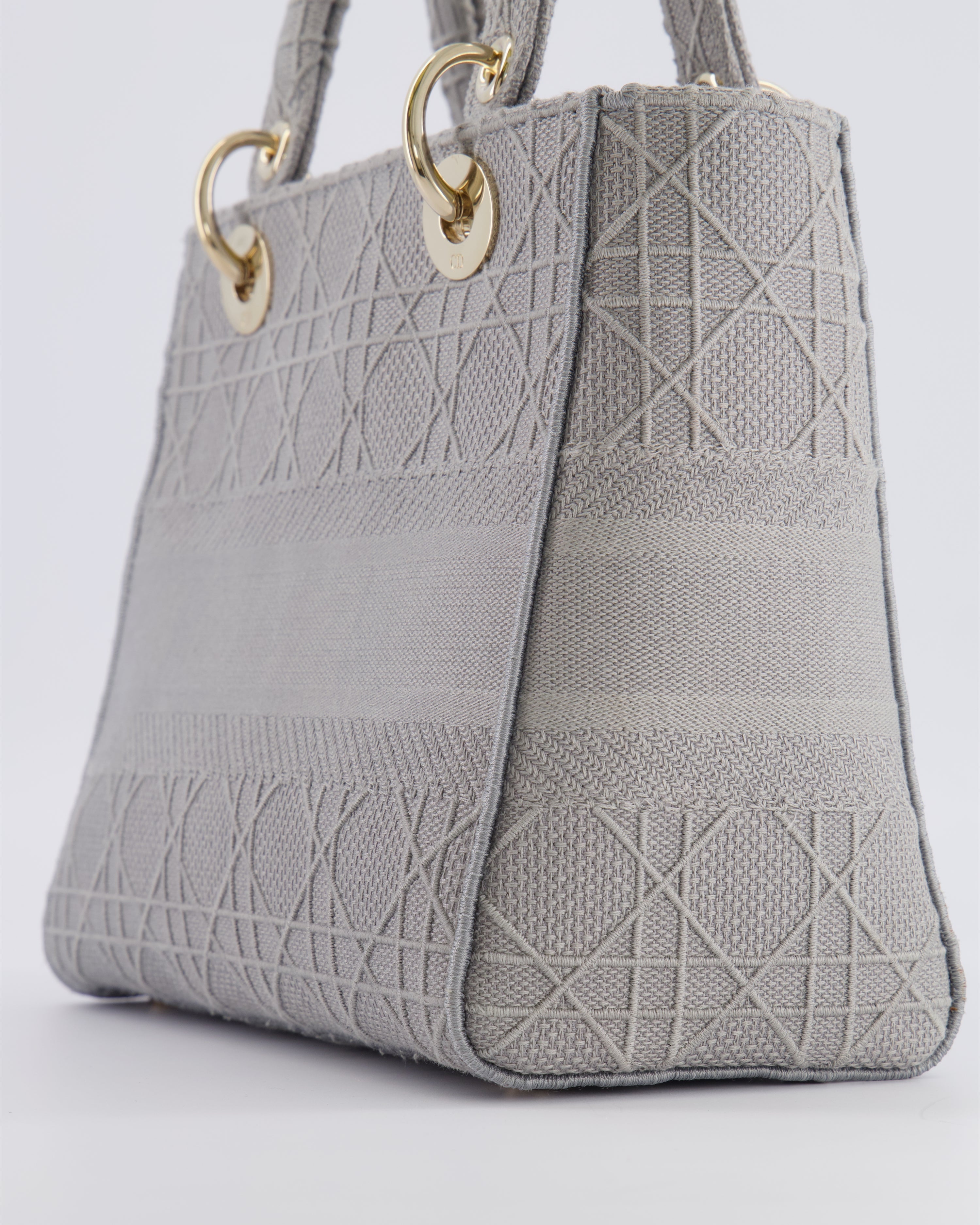 Christian Dior Grey Medium Lady D-Lite Bag in Embroidered Cannage Canvas with Champagne Gold Hardware RRP £4,300