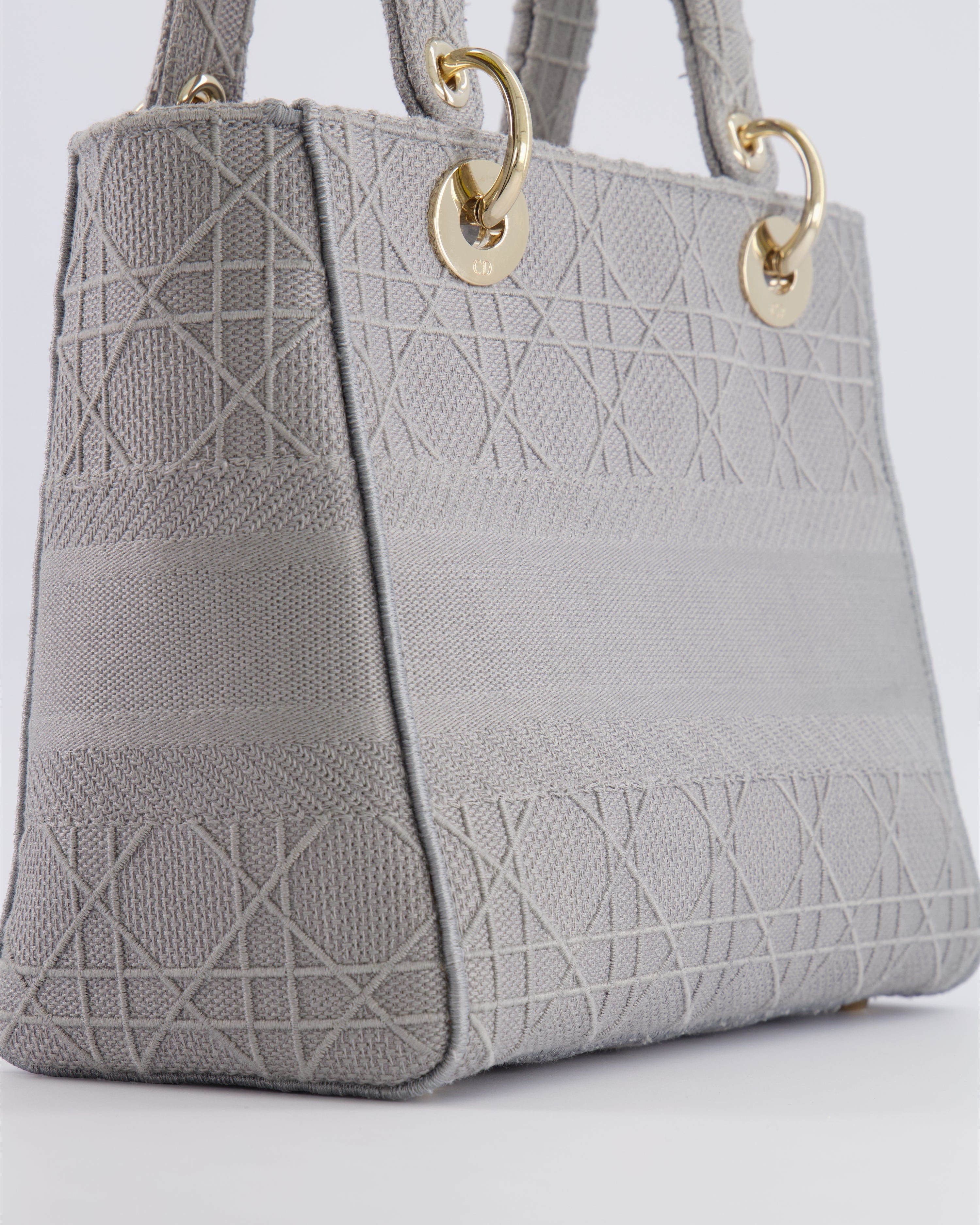 Christian Dior Grey Medium Lady D-Lite Bag in Embroidered Cannage Canvas with Champagne Gold Hardware RRP £4,300