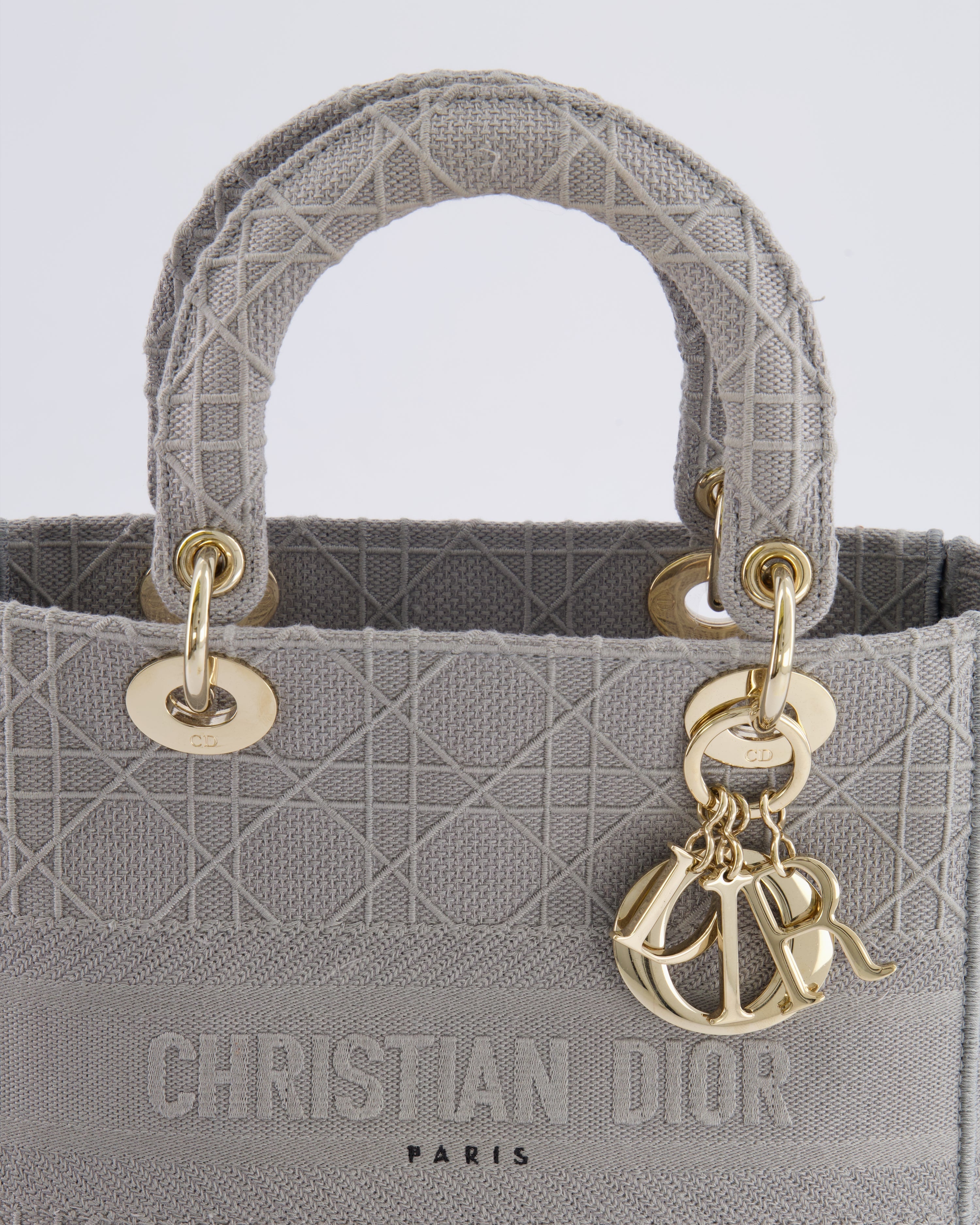 Christian Dior Grey Medium Lady D-Lite Bag in Embroidered Cannage Canvas with Champagne Gold Hardware RRP £4,300