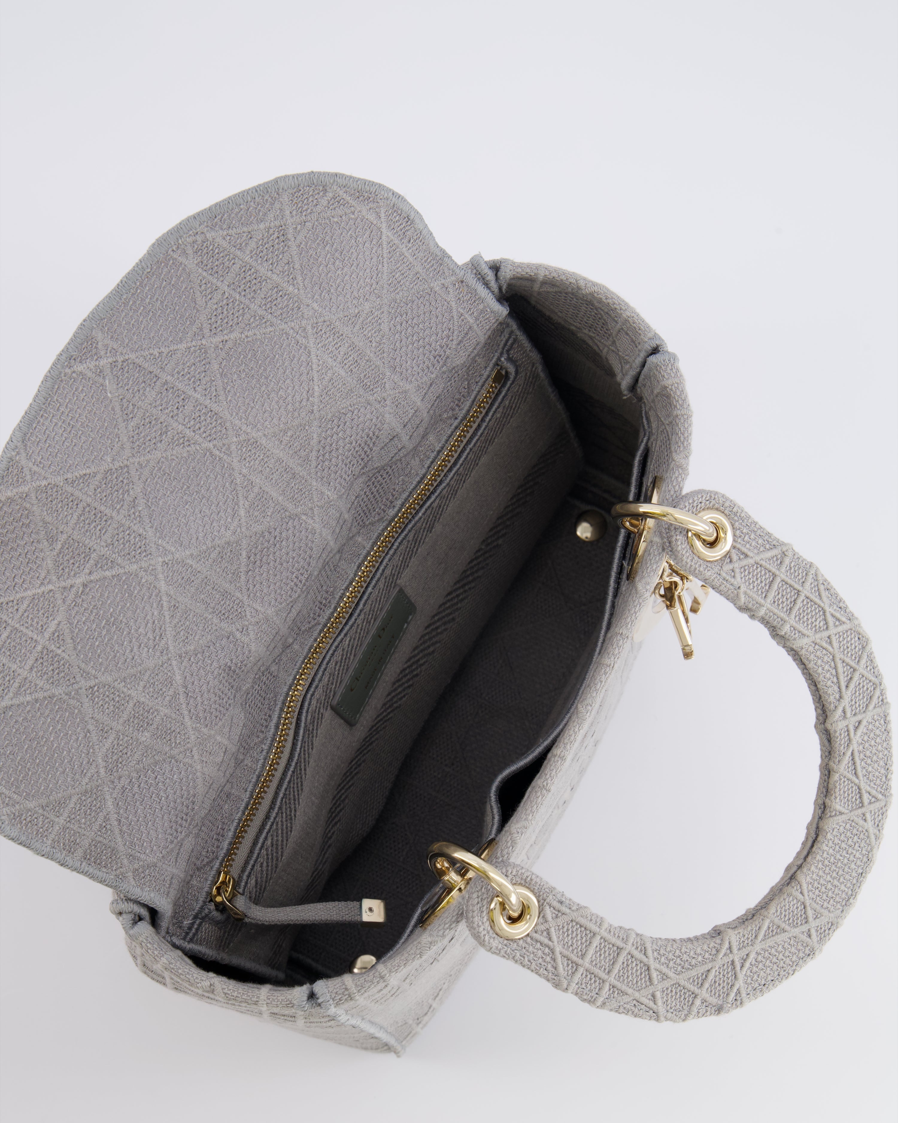 Christian Dior Grey Medium Lady D-Lite Bag in Embroidered Cannage Canvas with Champagne Gold Hardware RRP £4,300