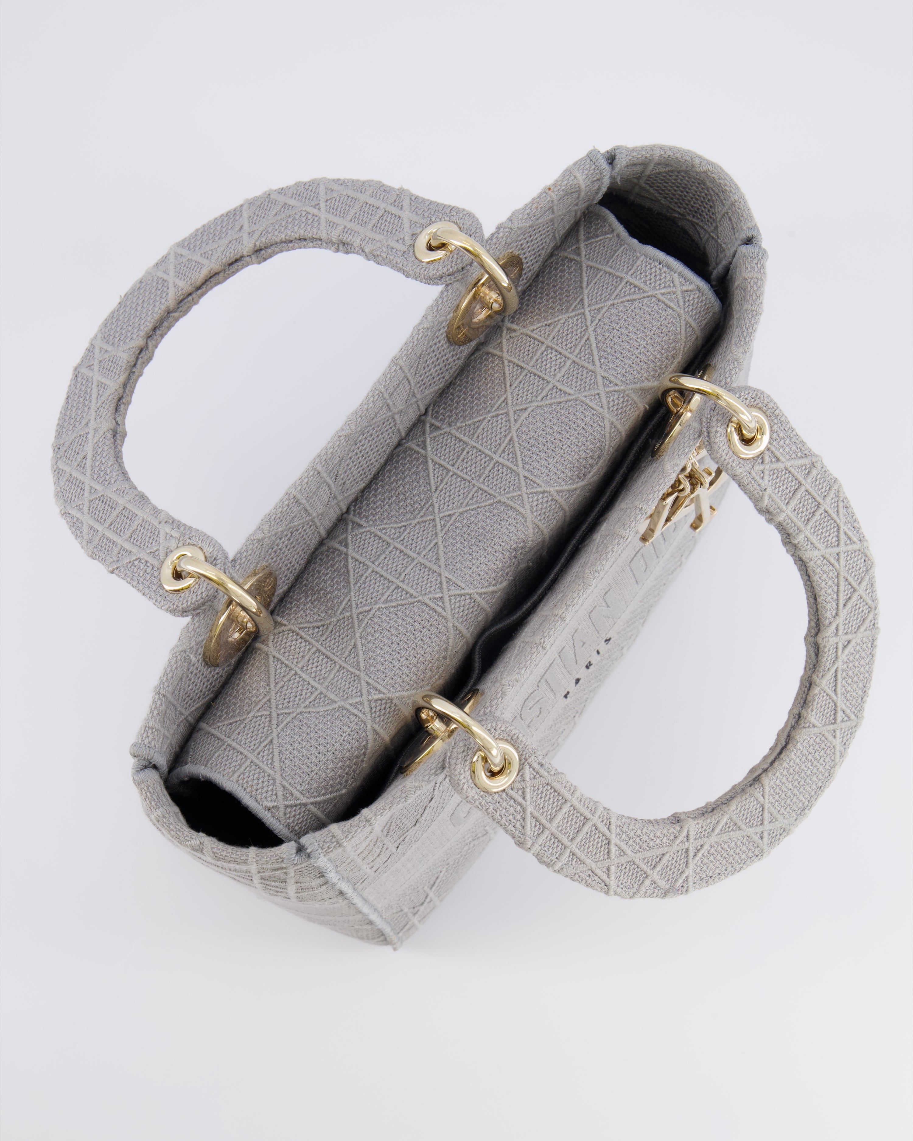 Christian Dior Grey Medium Lady D-Lite Bag in Embroidered Cannage Canvas with Champagne Gold Hardware RRP £4,300