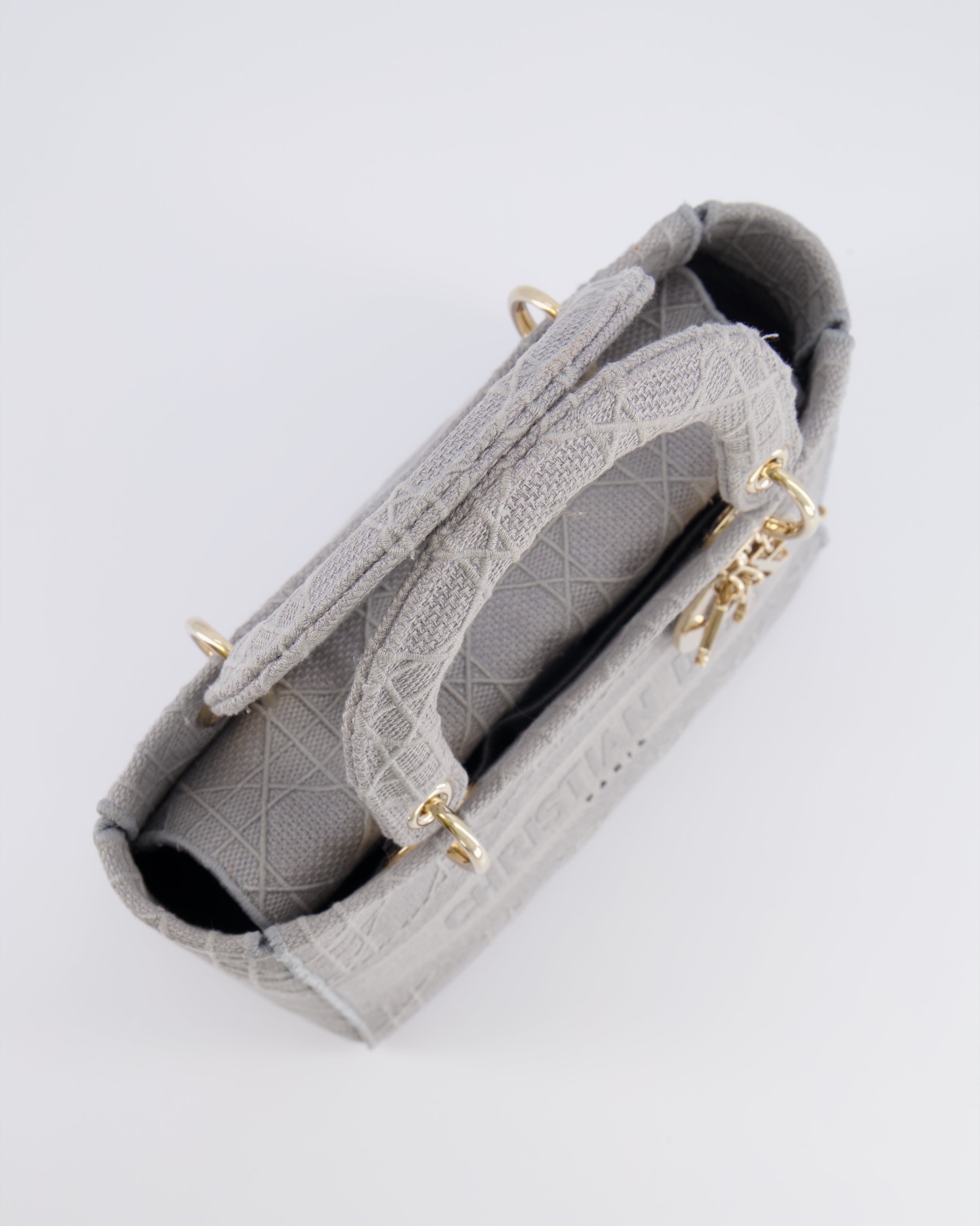 Christian Dior Grey Medium Lady D-Lite Bag in Embroidered Cannage Canvas with Champagne Gold Hardware RRP £4,300