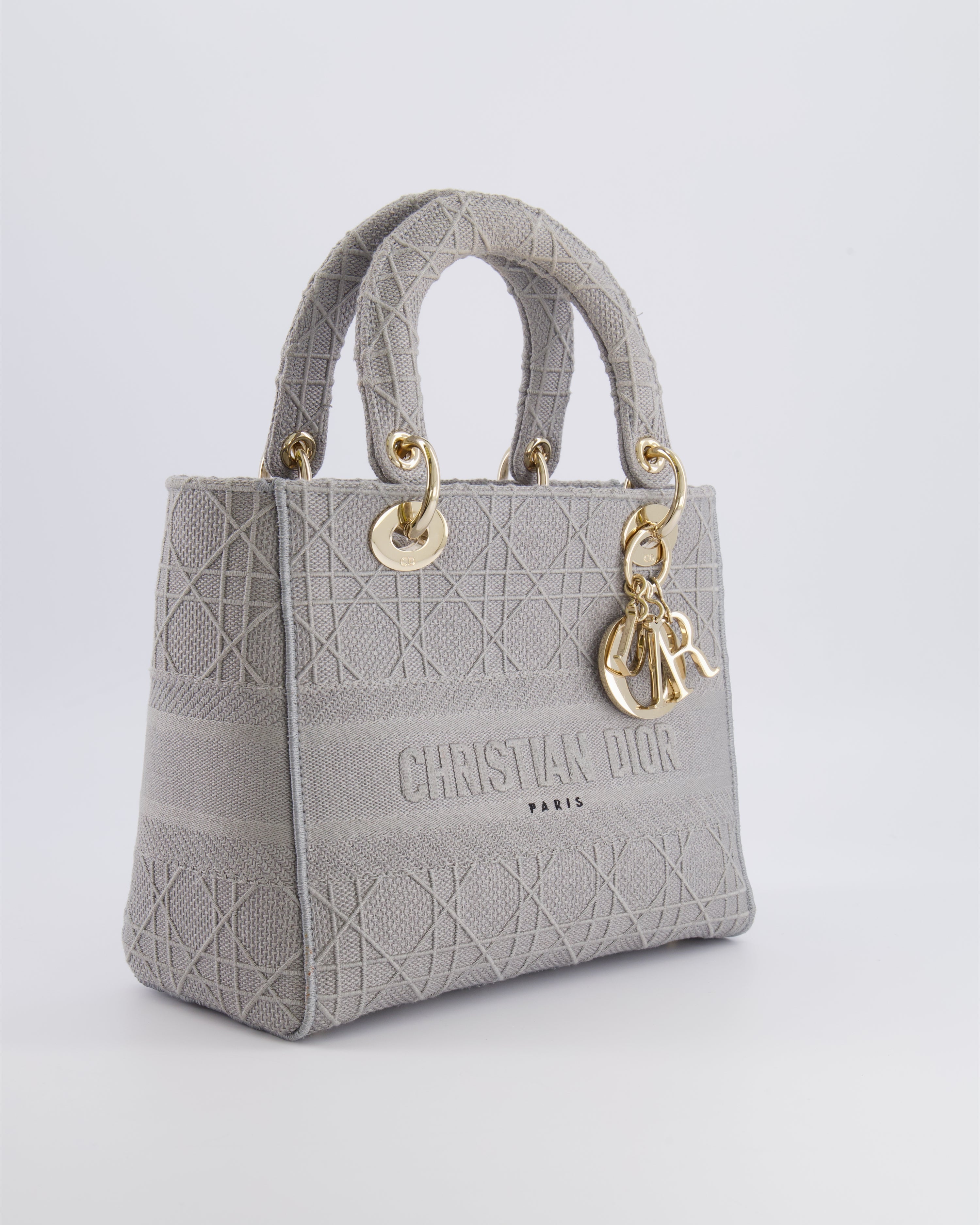 Christian Dior Grey Medium Lady D-Lite Bag in Embroidered Cannage Canvas with Champagne Gold Hardware RRP £4,300