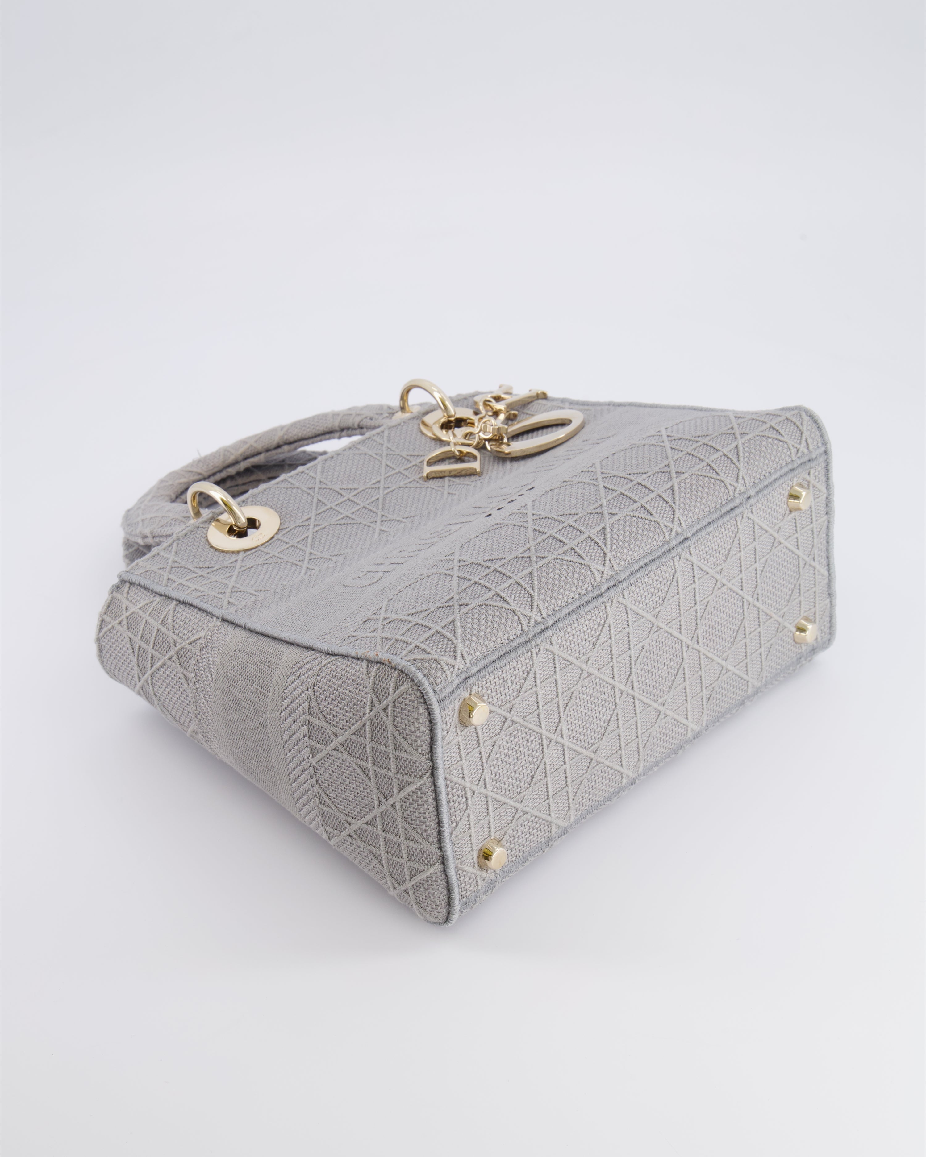Christian Dior Grey Medium Lady D-Lite Bag in Embroidered Cannage Canvas with Champagne Gold Hardware RRP £4,300
