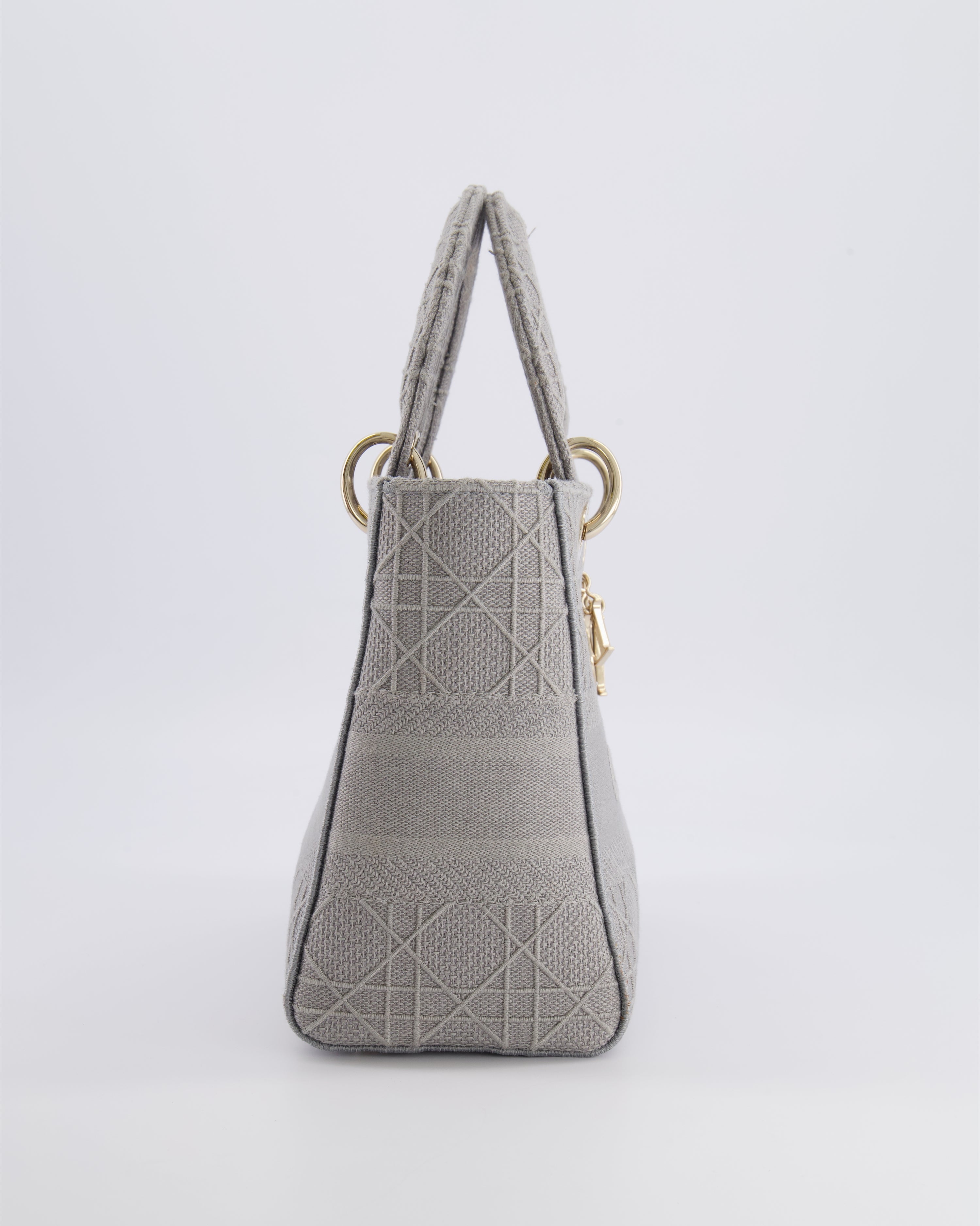 Christian Dior Grey Medium Lady D-Lite Bag in Embroidered Cannage Canvas with Champagne Gold Hardware RRP £4,300
