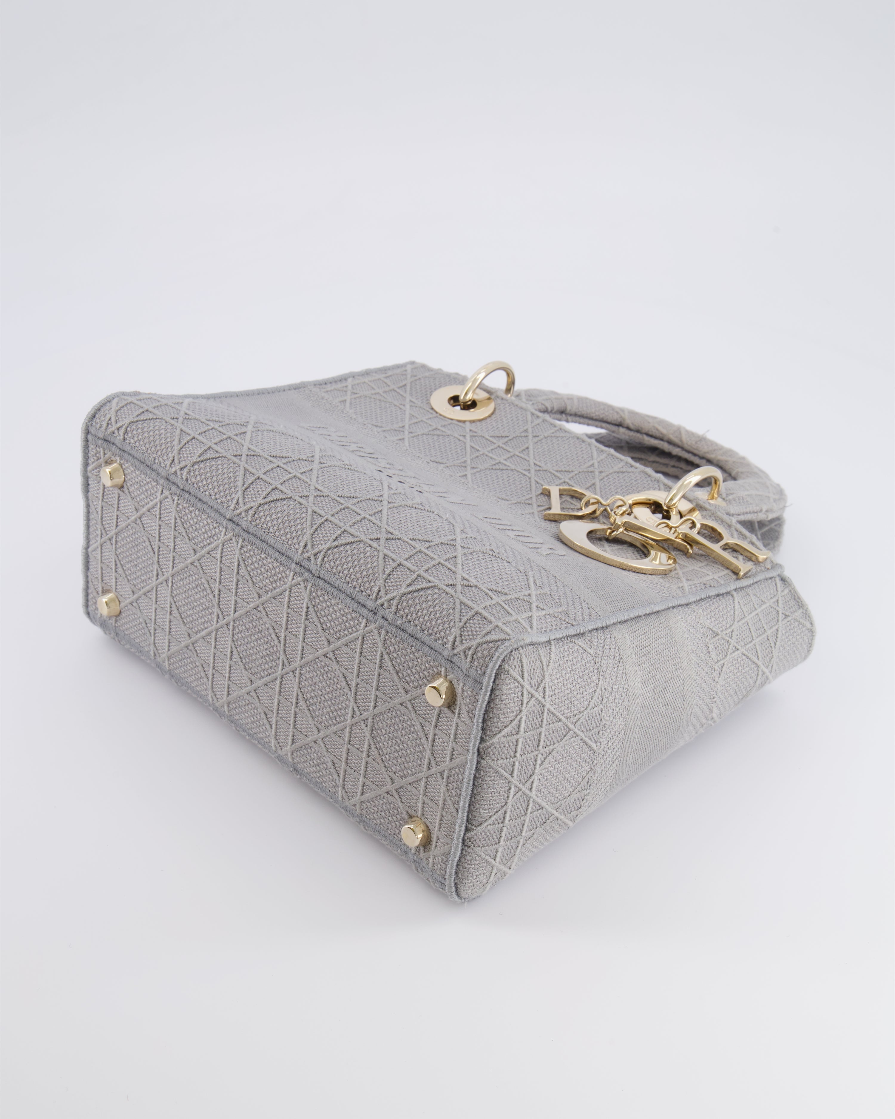 Christian Dior Grey Medium Lady D-Lite Bag in Embroidered Cannage Canvas with Champagne Gold Hardware RRP £4,300