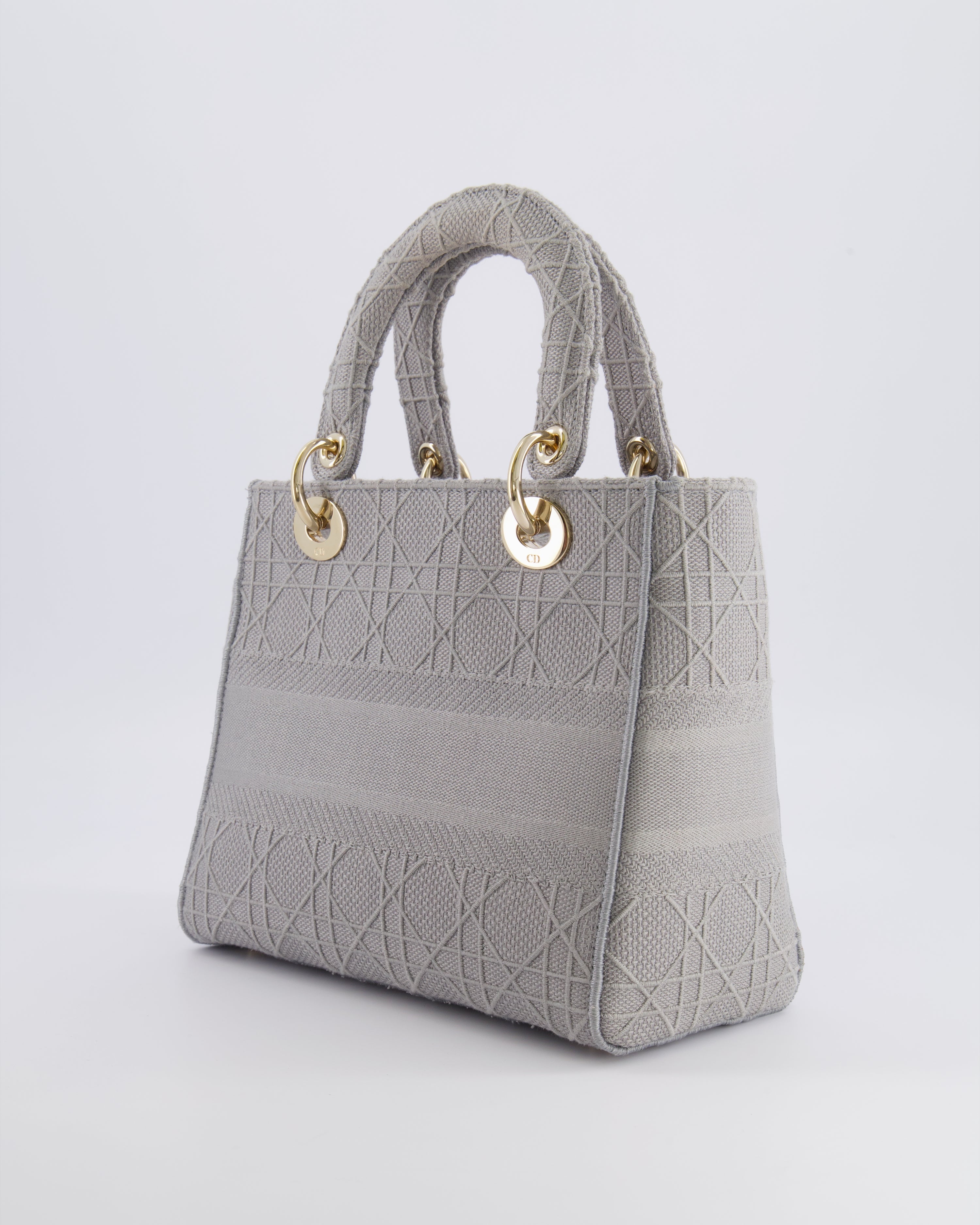 Christian Dior Grey Medium Lady D-Lite Bag in Embroidered Cannage Canvas with Champagne Gold Hardware RRP £4,300
