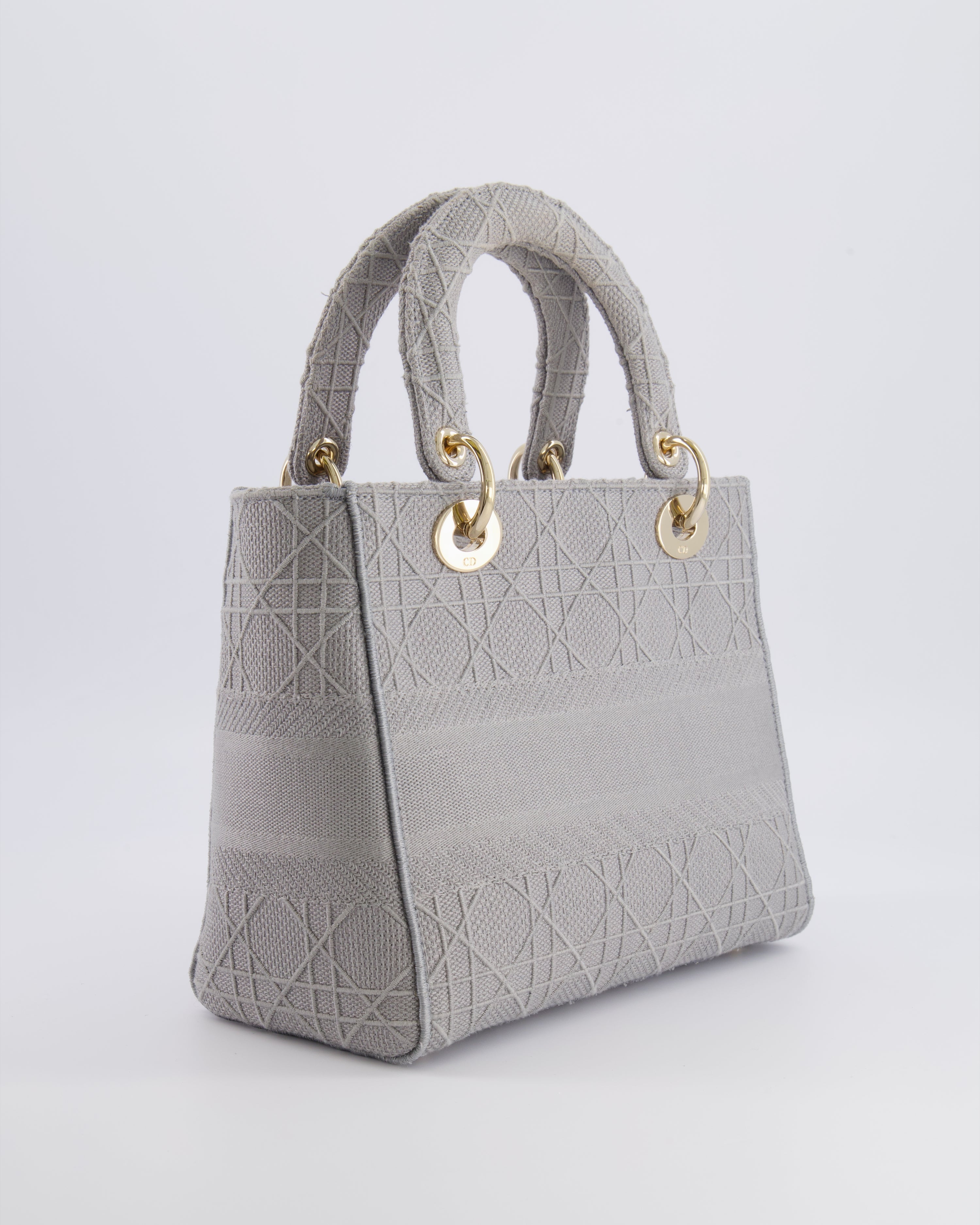 Christian Dior Grey Medium Lady D-Lite Bag in Embroidered Cannage Canvas with Champagne Gold Hardware RRP £4,300