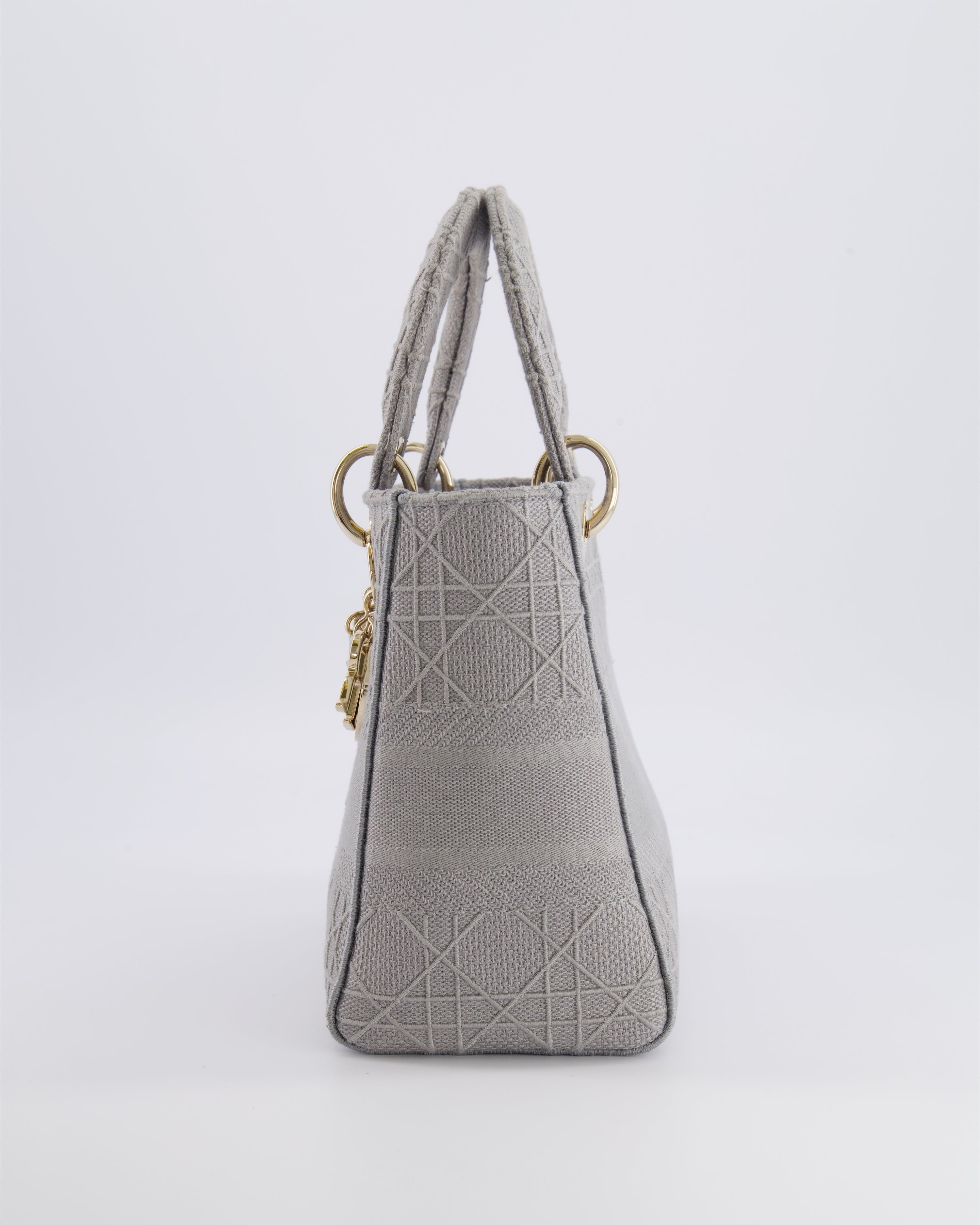 Christian Dior Grey Medium Lady D-Lite Bag in Embroidered Cannage Canvas with Champagne Gold Hardware RRP £4,300