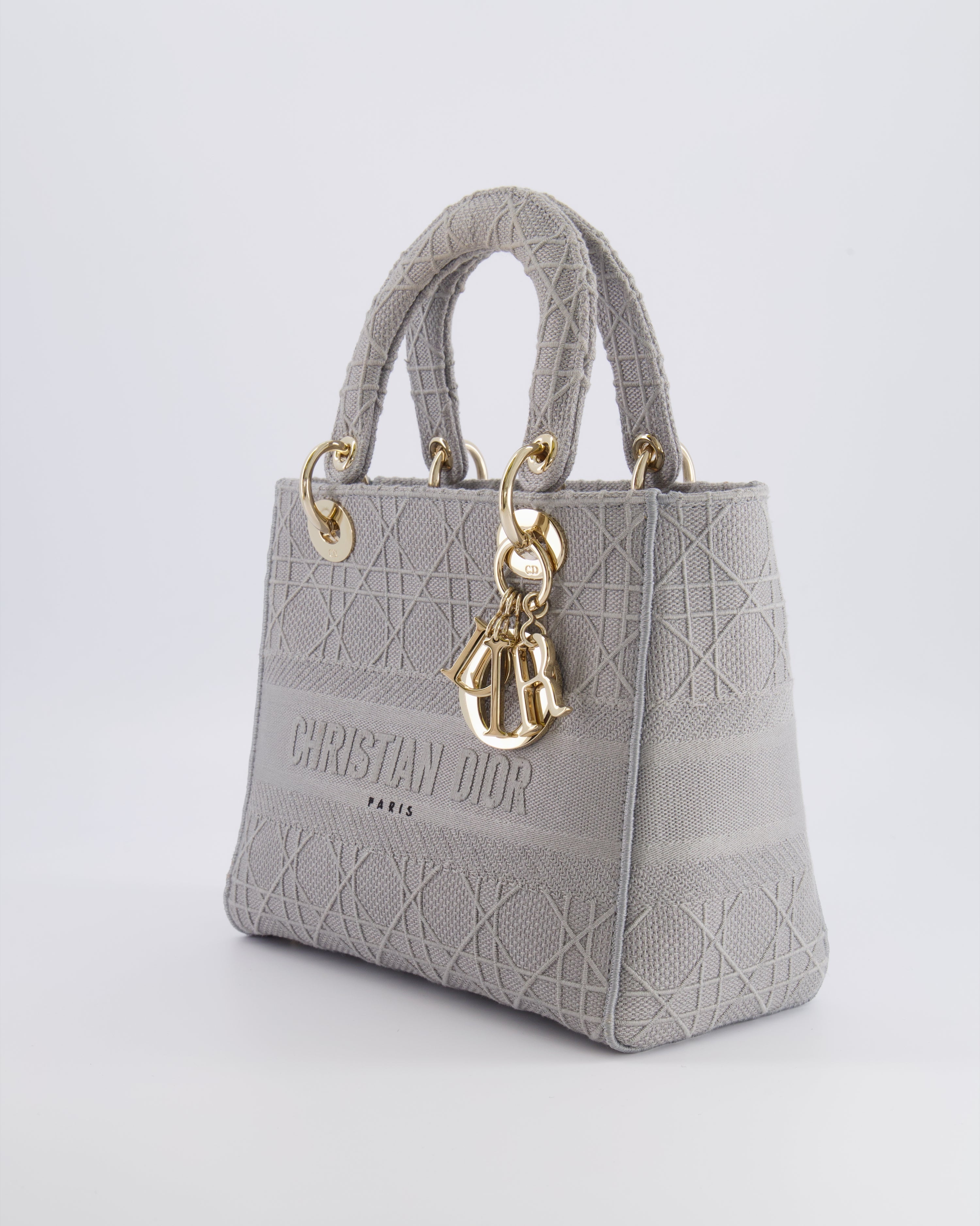 Christian Dior Grey Medium Lady D-Lite Bag in Embroidered Cannage Canvas with Champagne Gold Hardware RRP £4,300