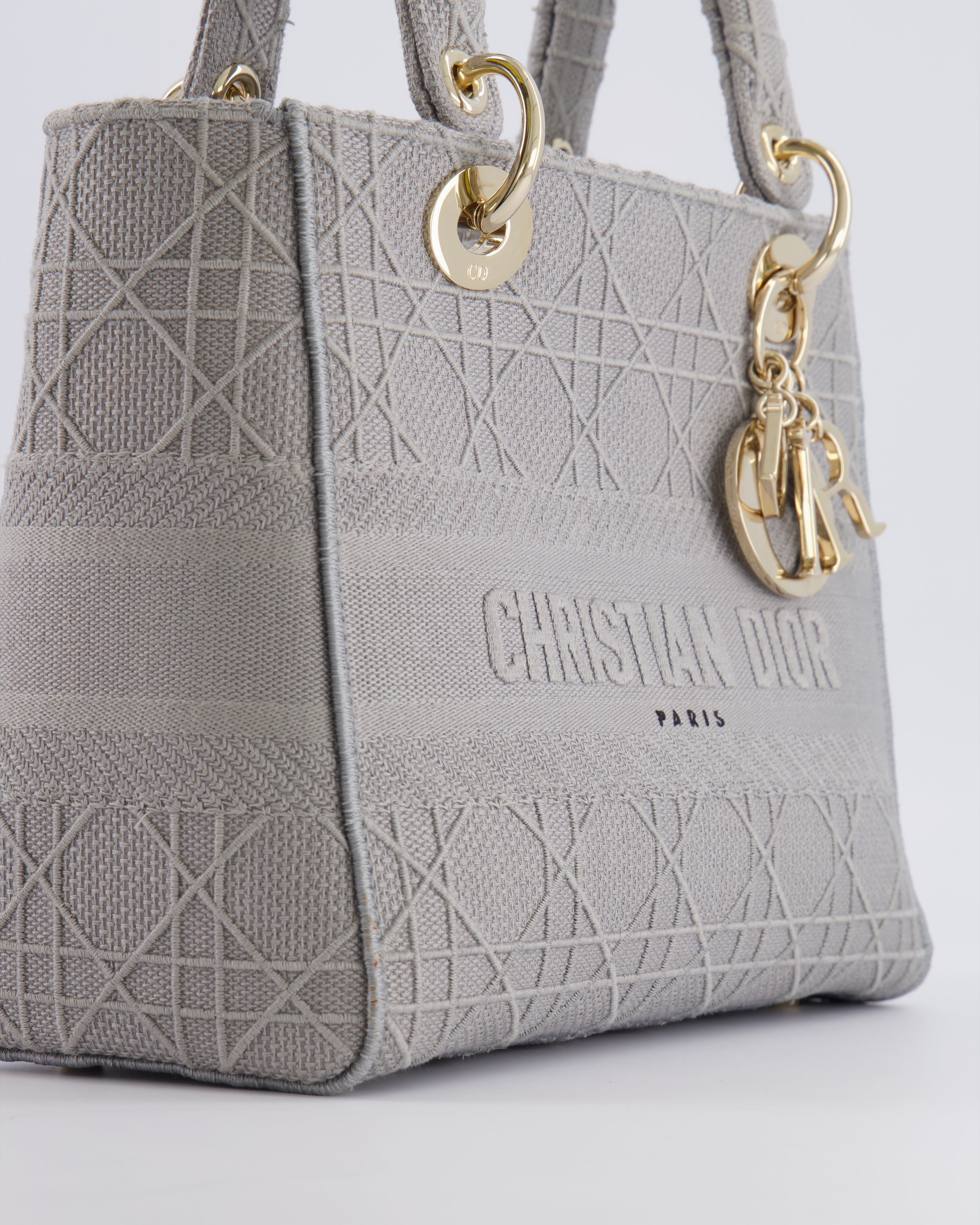 Christian Dior Grey Medium Lady D-Lite Bag in Embroidered Cannage Canvas with Champagne Gold Hardware RRP £4,300