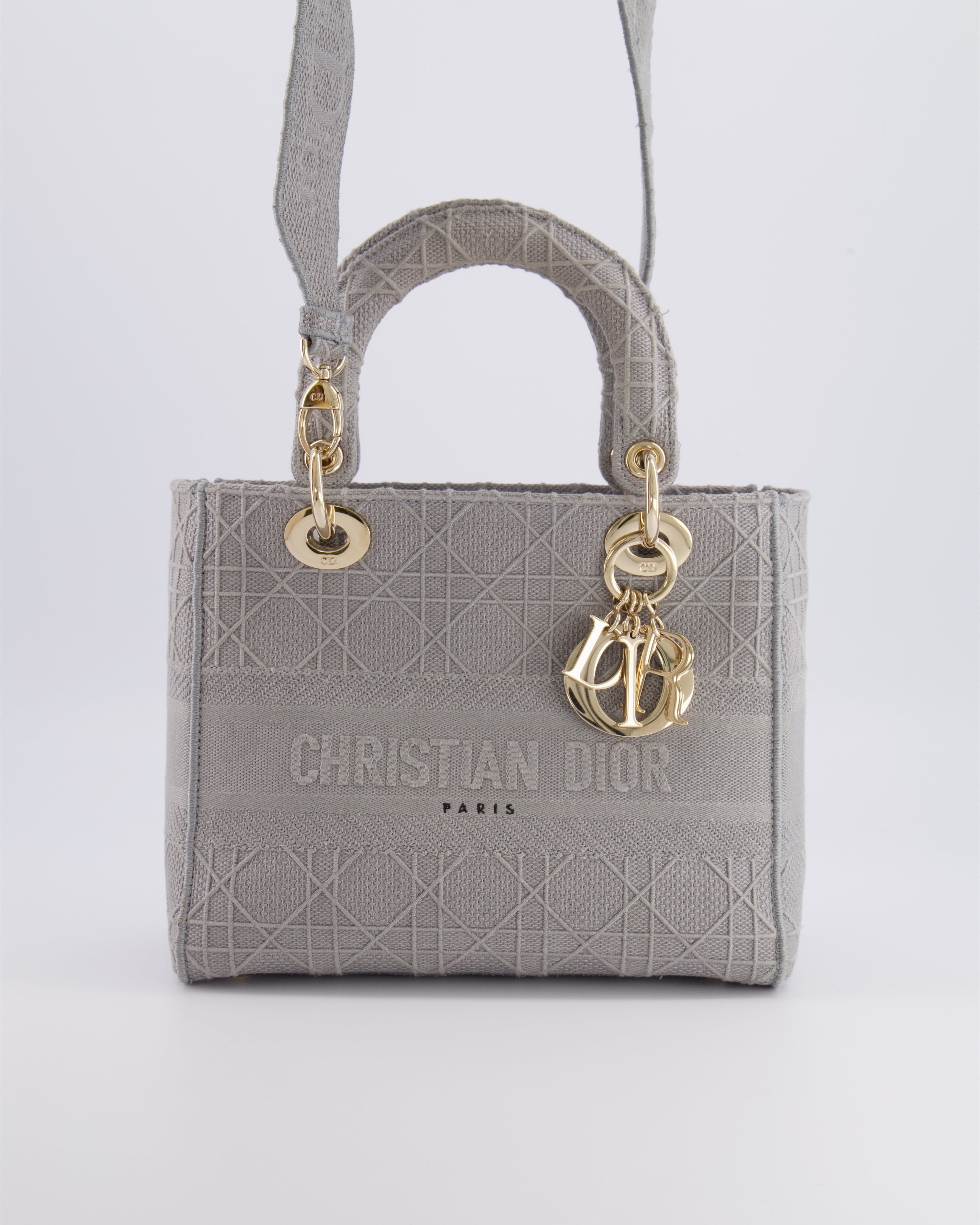 Christian Dior Grey Medium Lady D-Lite Bag in Embroidered Cannage Canvas with Champagne Gold Hardware RRP £4,300