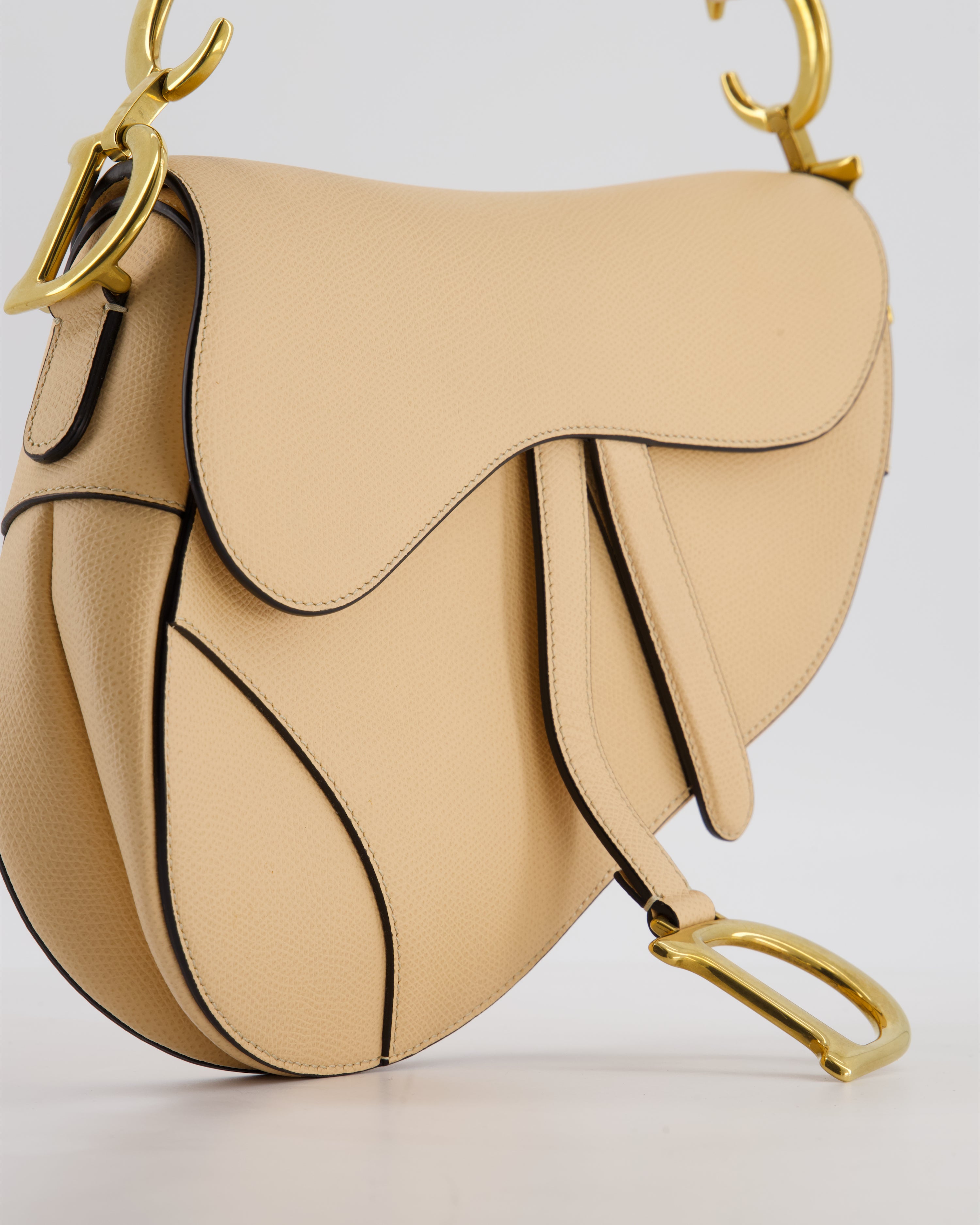Christian Dior Beige Grained Leather Saddle Bag with Antique Gold Hardware