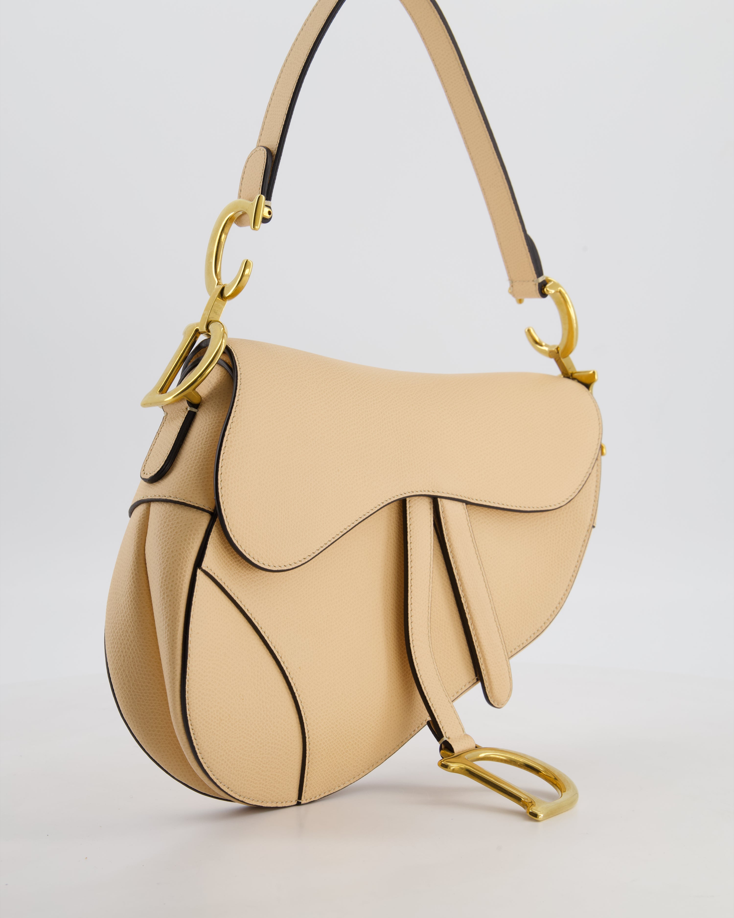 Christian Dior Beige Grained Leather Saddle Bag with Antique Gold Hardware