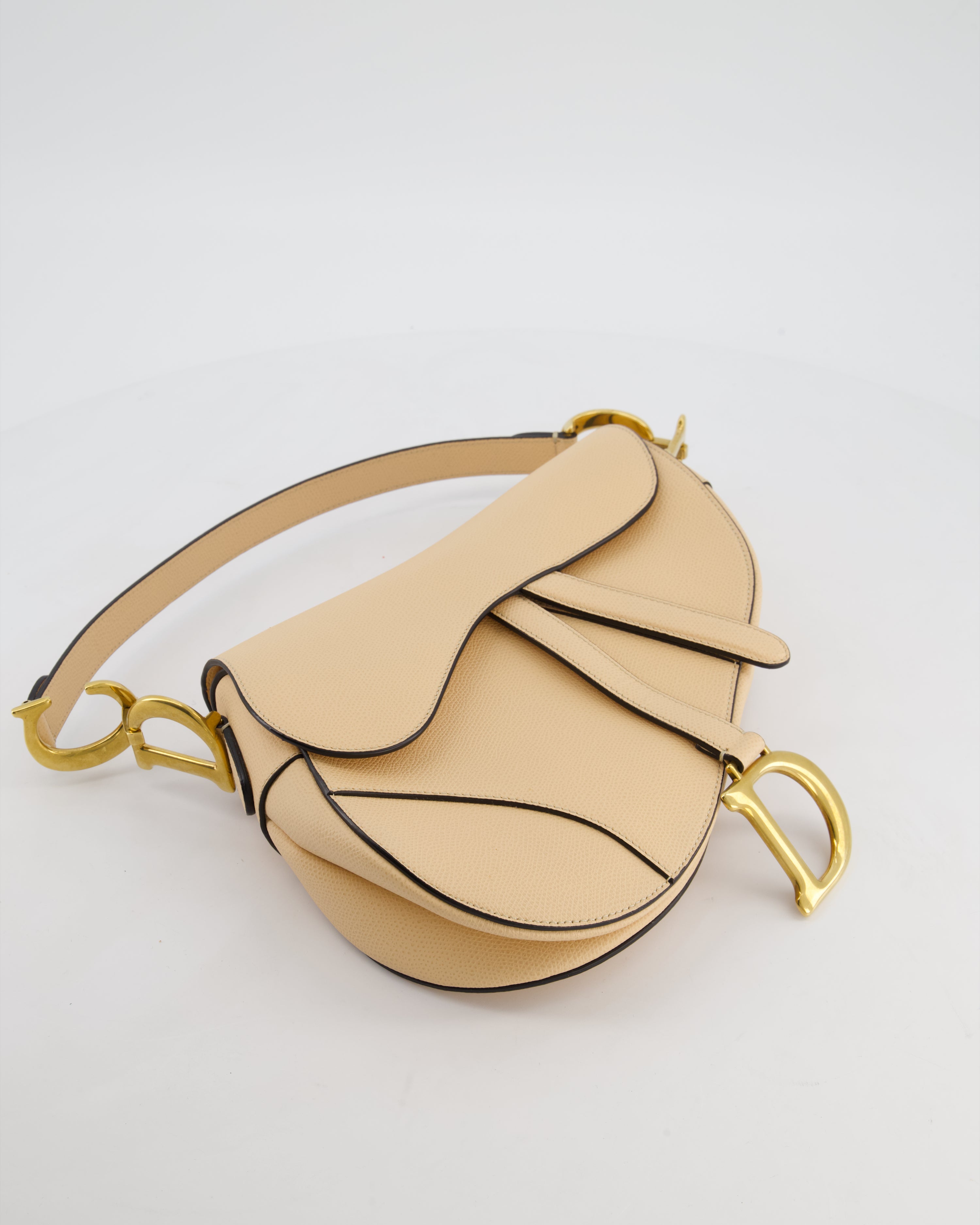 Christian Dior Beige Grained Leather Saddle Bag with Antique Gold Hardware