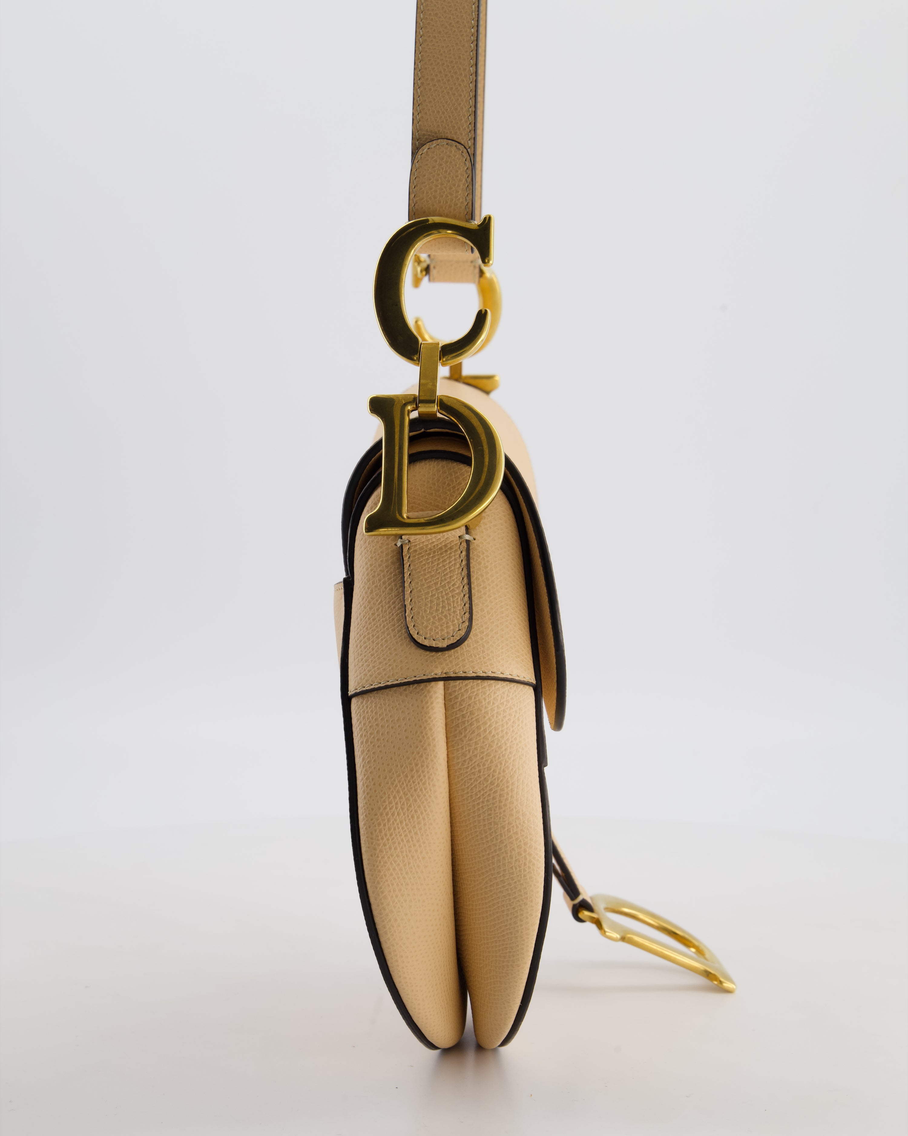 Christian Dior Beige Grained Leather Saddle Bag with Antique Gold Hardware