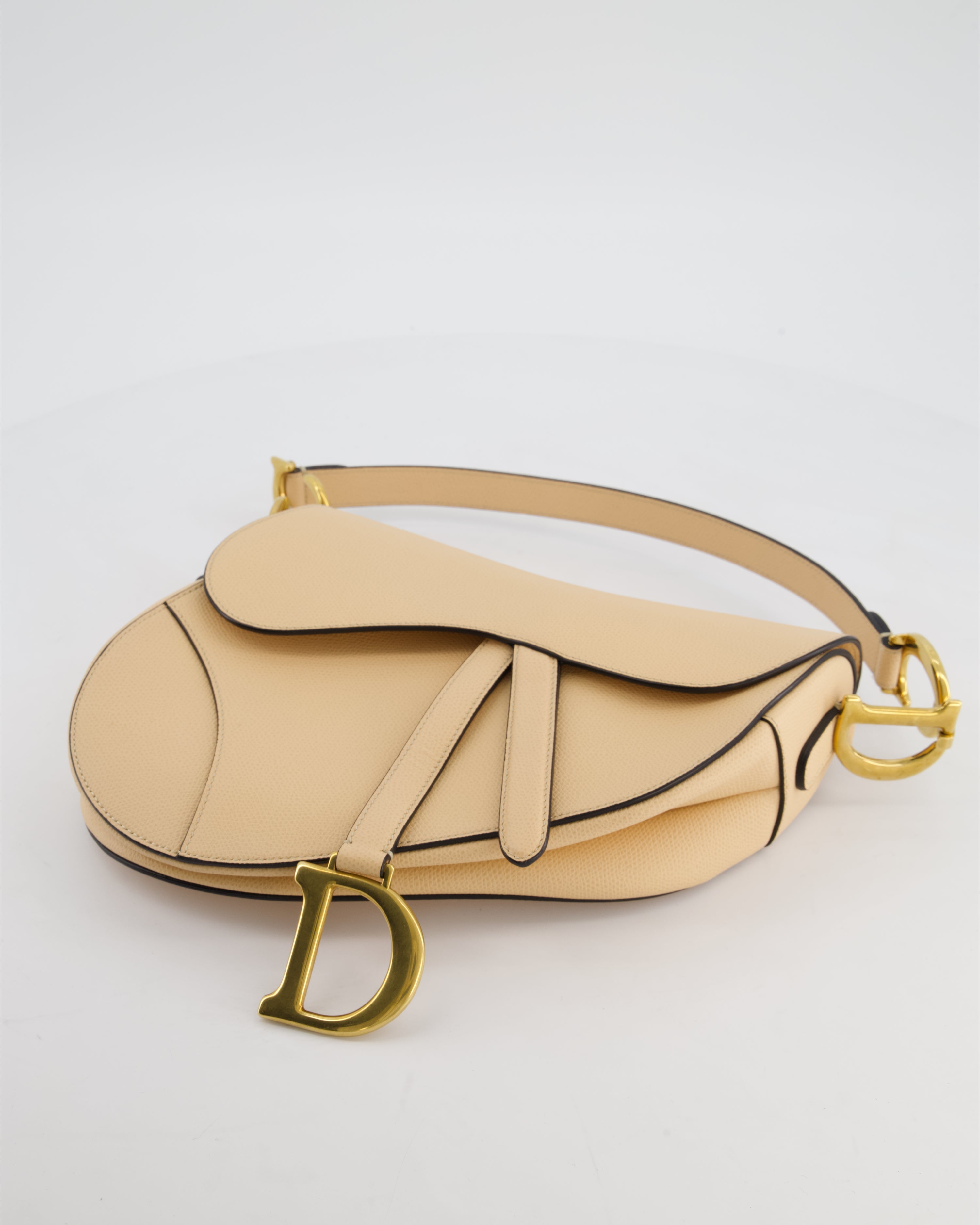 Christian Dior Beige Grained Leather Saddle Bag with Antique Gold Hardware