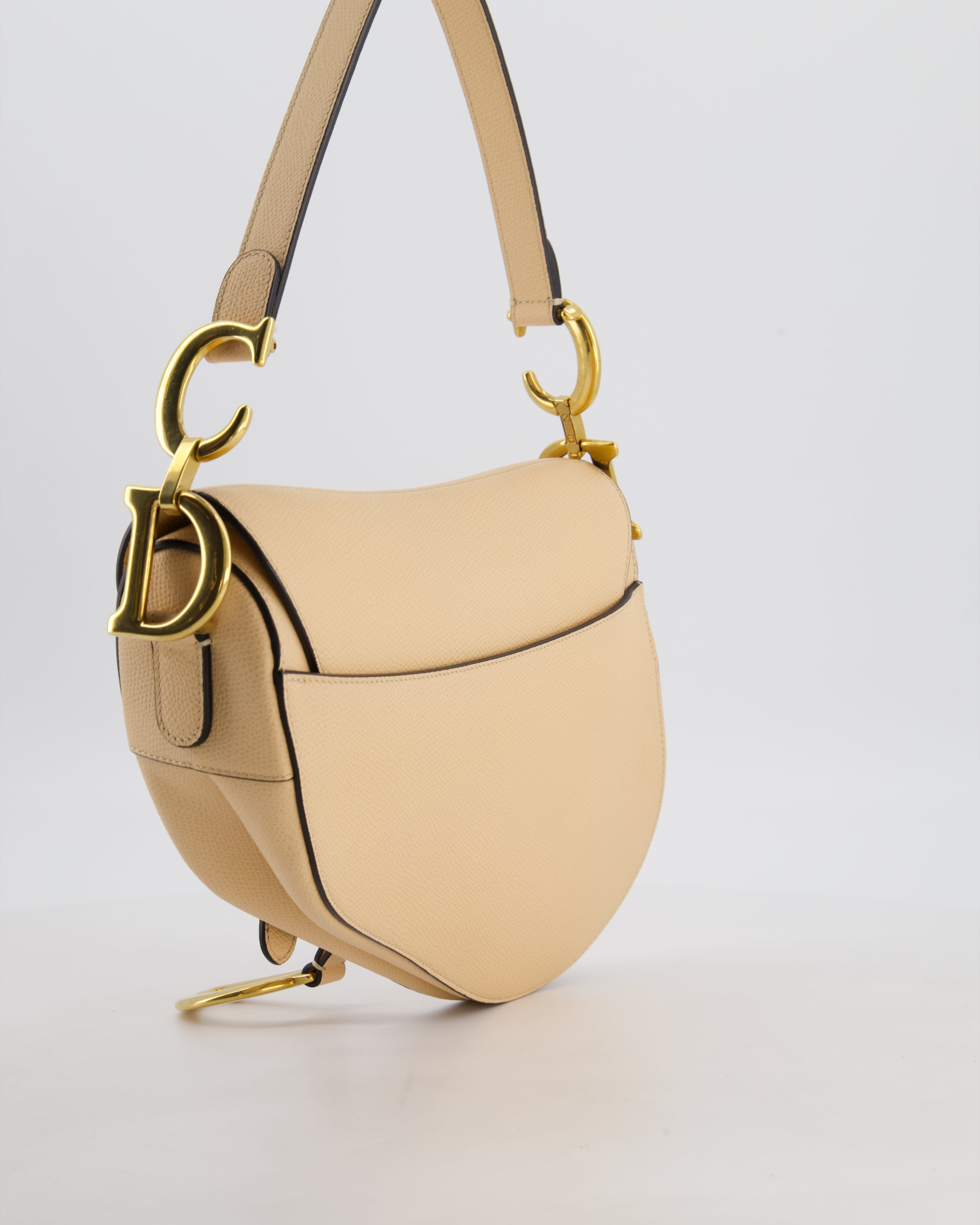 Christian Dior Beige Grained Leather Saddle Bag with Antique Gold Hardware