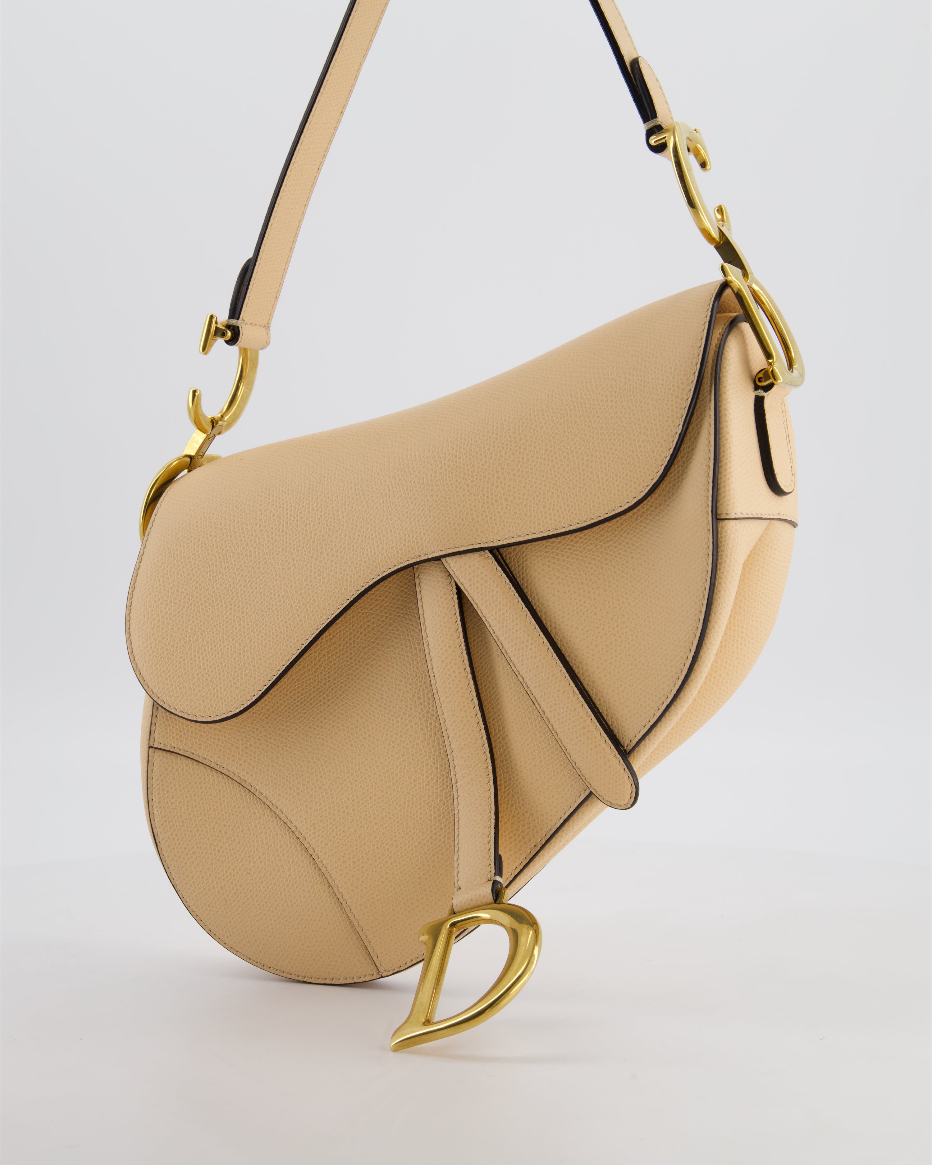 Christian Dior Beige Grained Leather Saddle Bag with Antique Gold Hardware