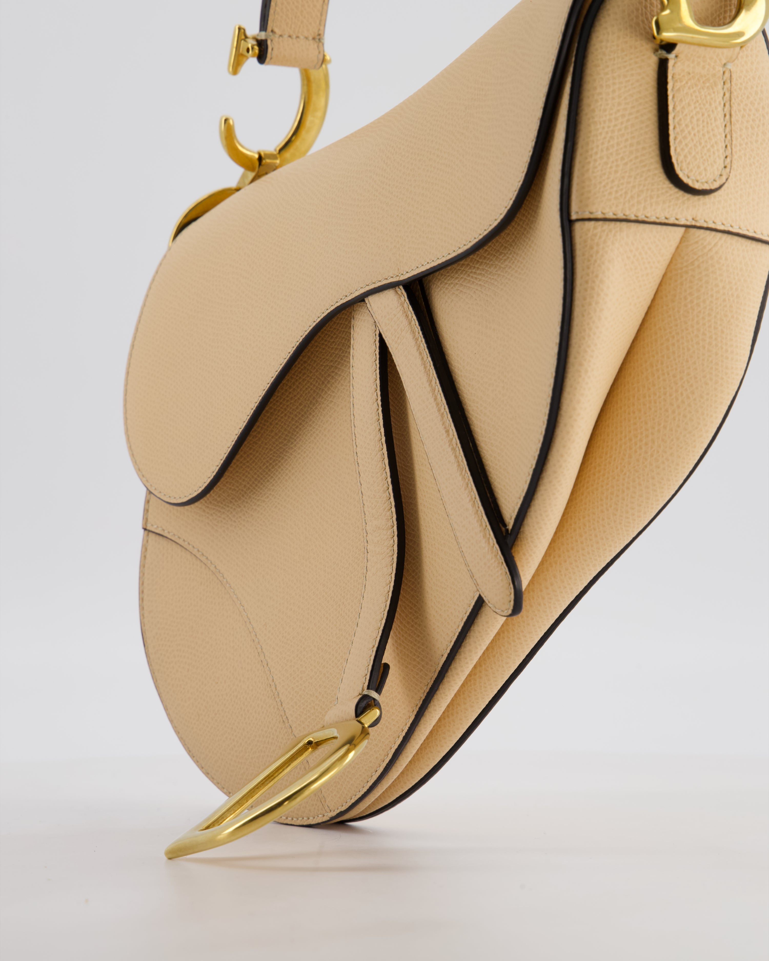 Christian Dior Beige Grained Leather Saddle Bag with Antique Gold Hardware