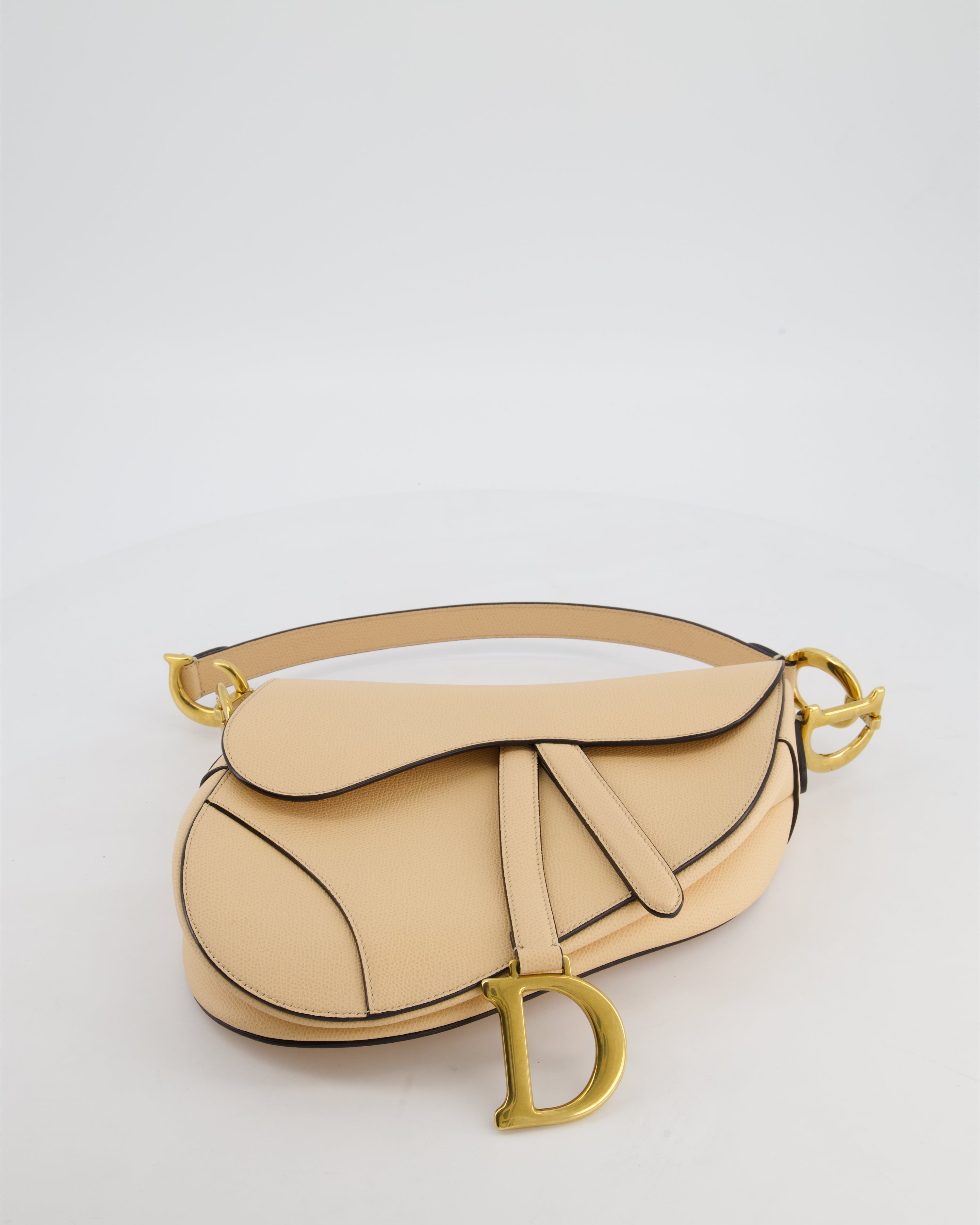Christian Dior Beige Grained Leather Saddle Bag with Antique Gold Hardware
