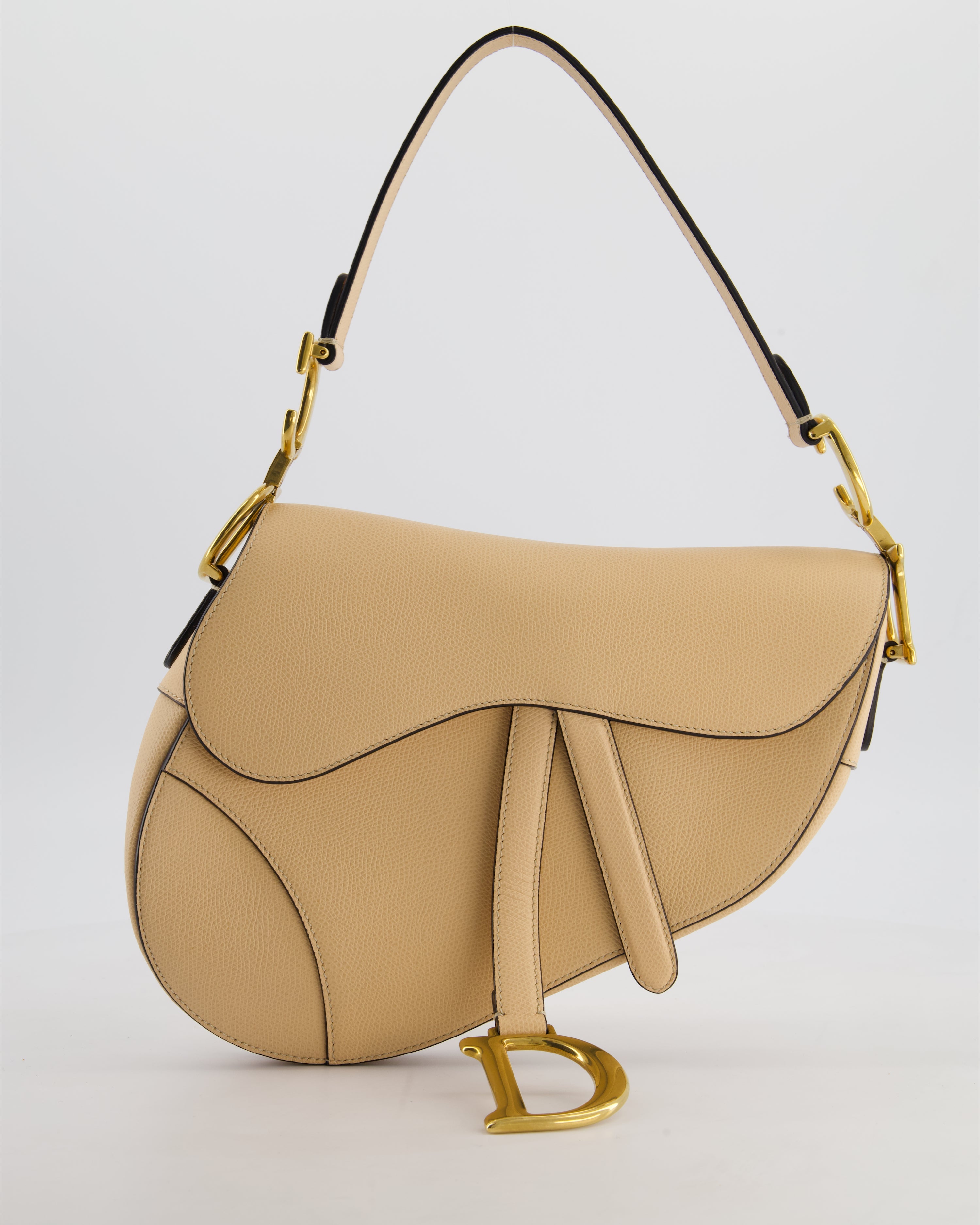 Christian Dior Beige Grained Leather Saddle Bag with Antique Gold Hardware