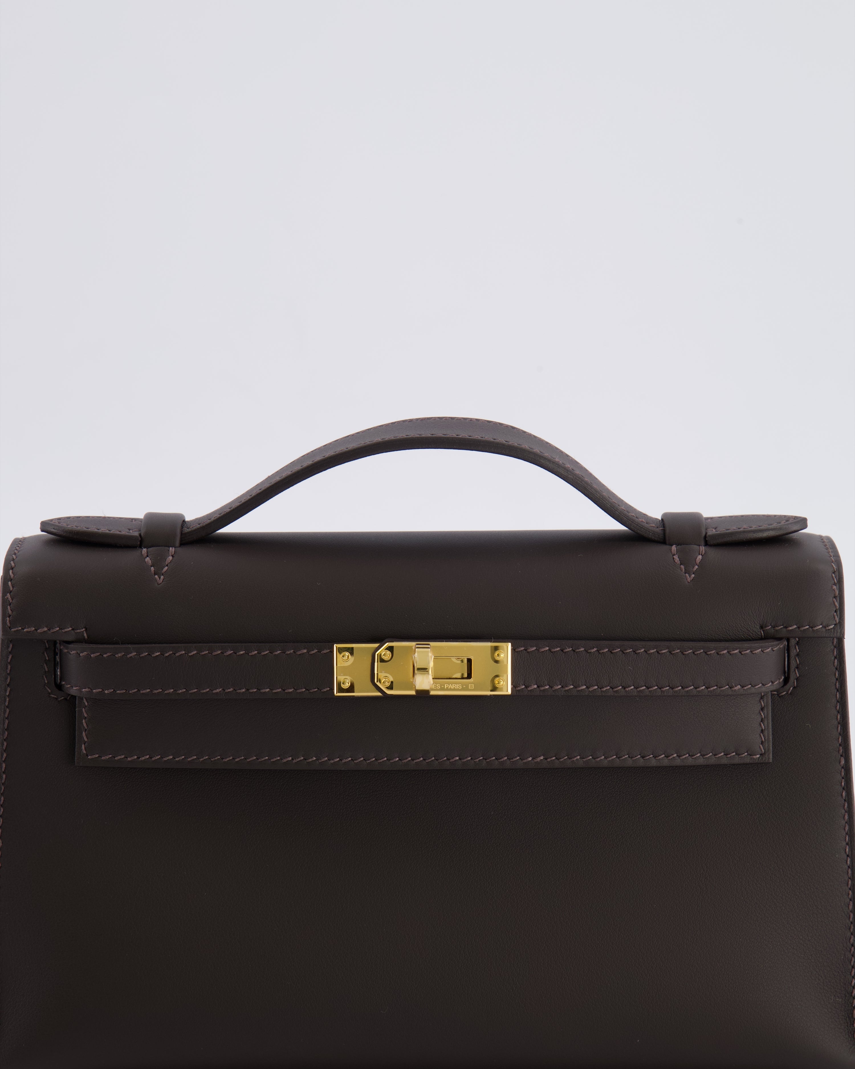 *RARE* Hermès Kelly Pochette Bag in Bai Brun Swift Leather with Gold Hardware