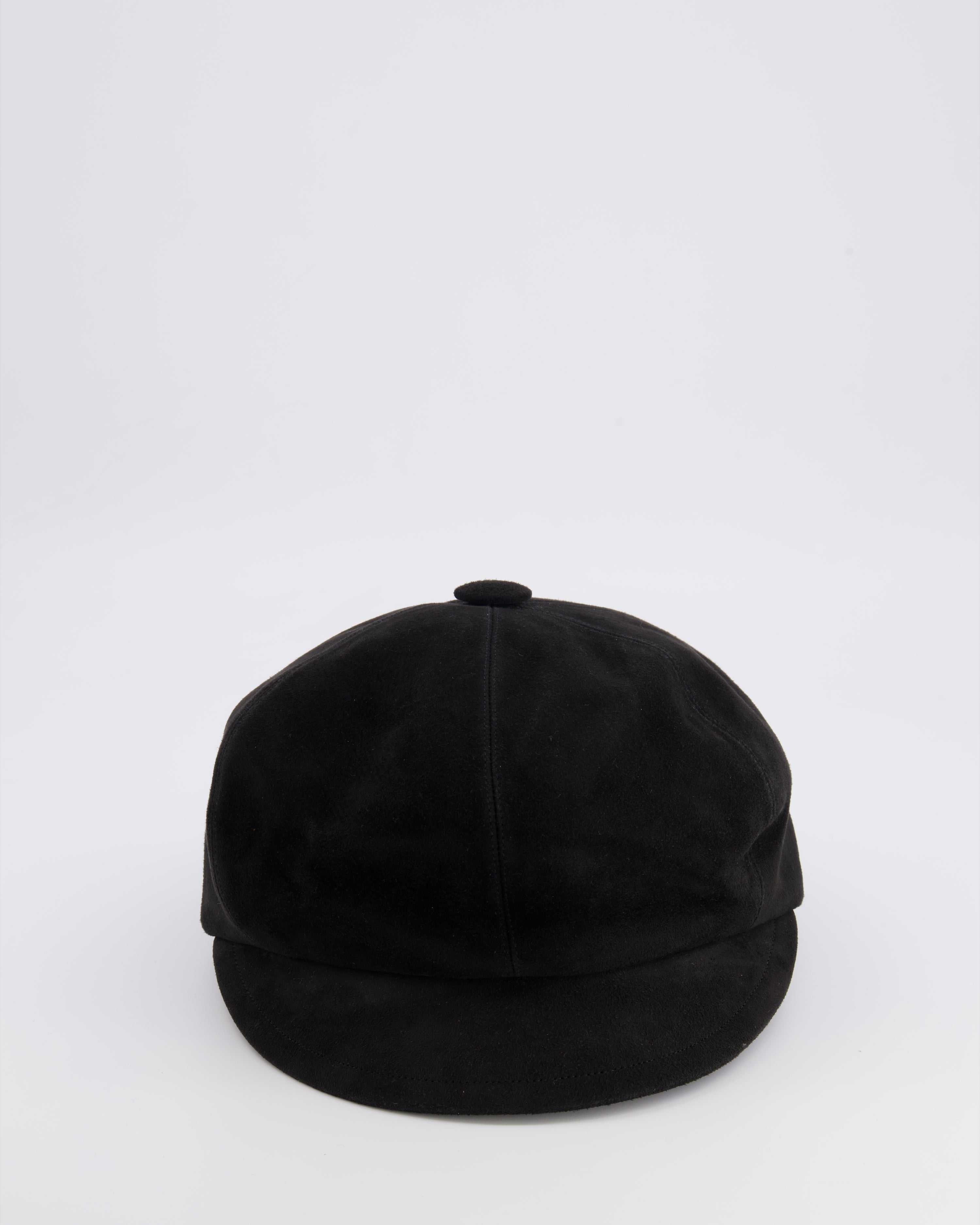 Christian Dior Black Suede Newsboy Hat with Gold Back Logo Detail Size 57