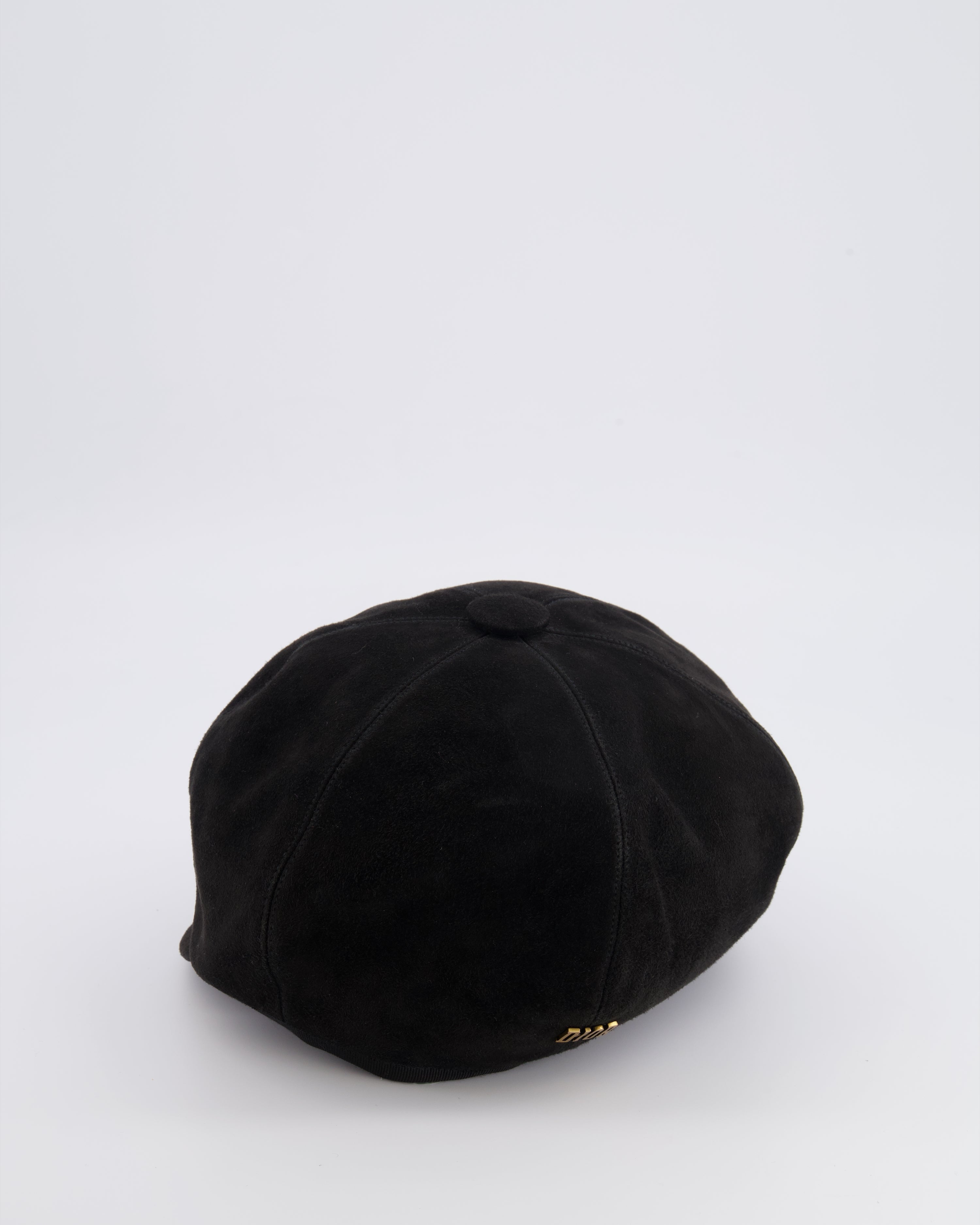 Christian Dior Black Suede Newsboy Hat with Gold Back Logo Detail Size 57