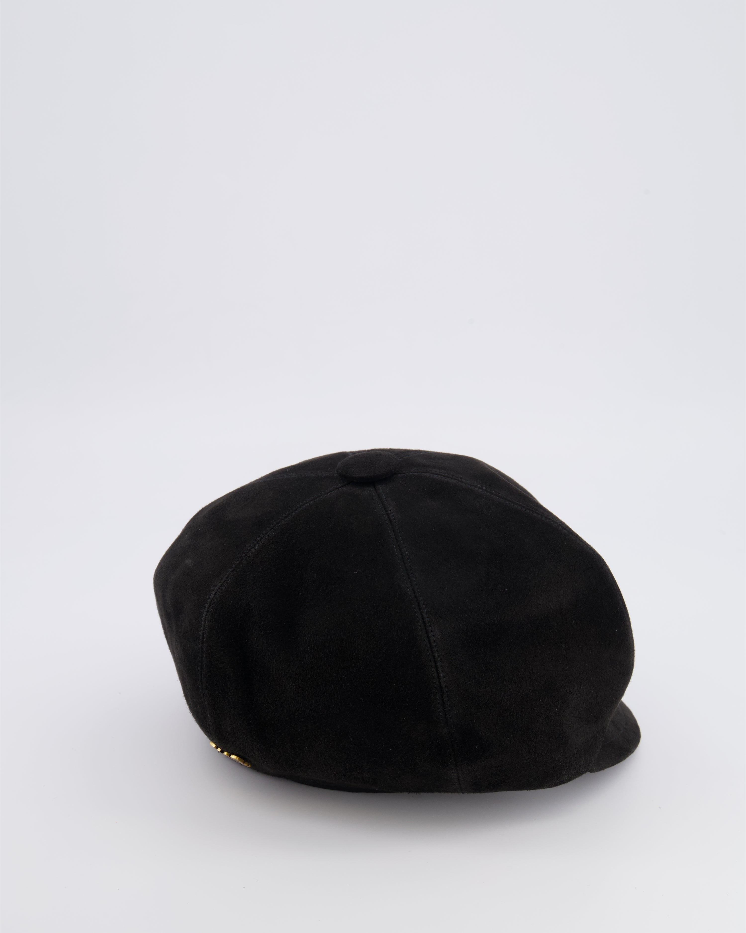 Christian Dior Black Suede Newsboy Hat with Gold Back Logo Detail Size 57