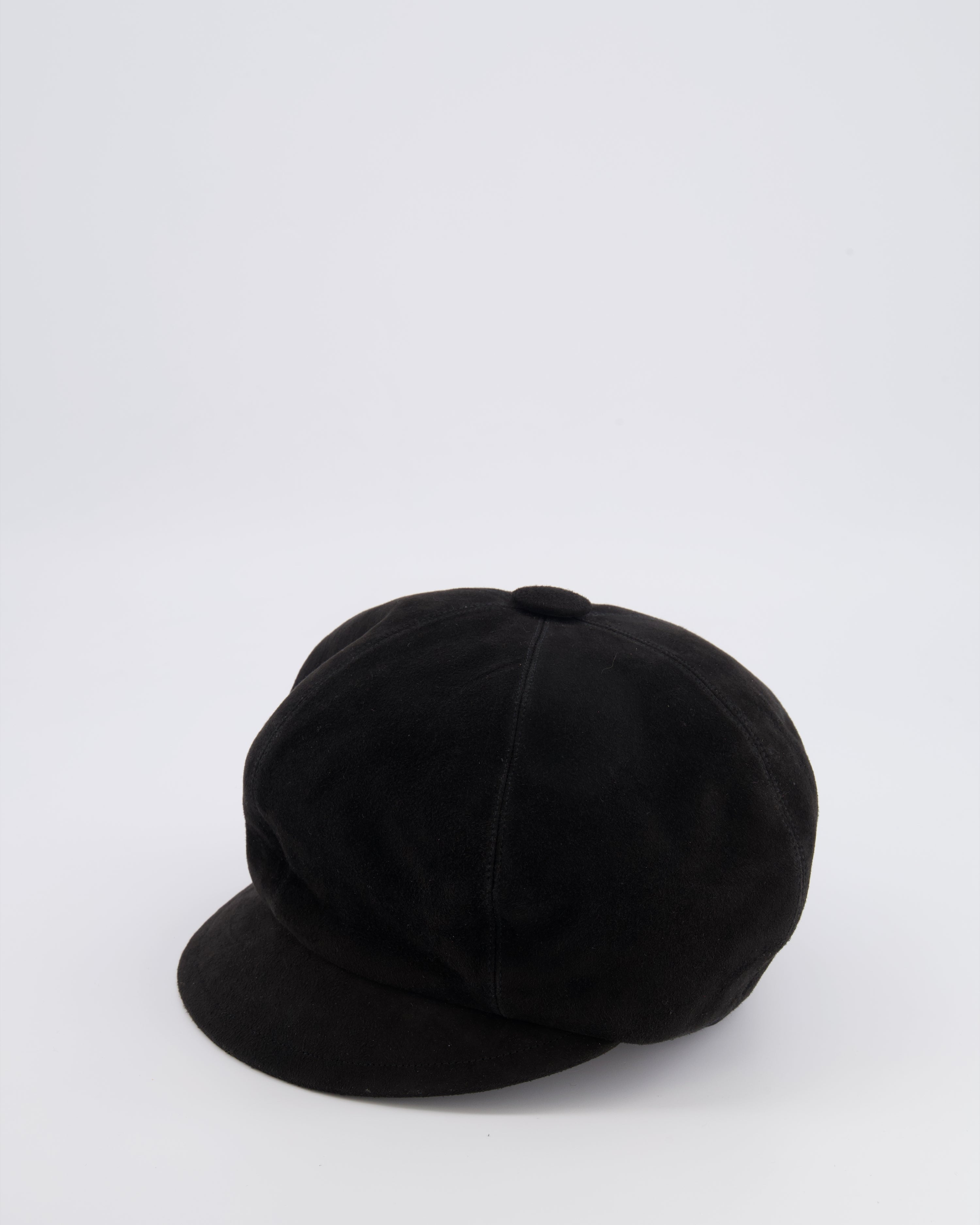 Christian Dior Black Suede Newsboy Hat with Gold Back Logo Detail Size 57
