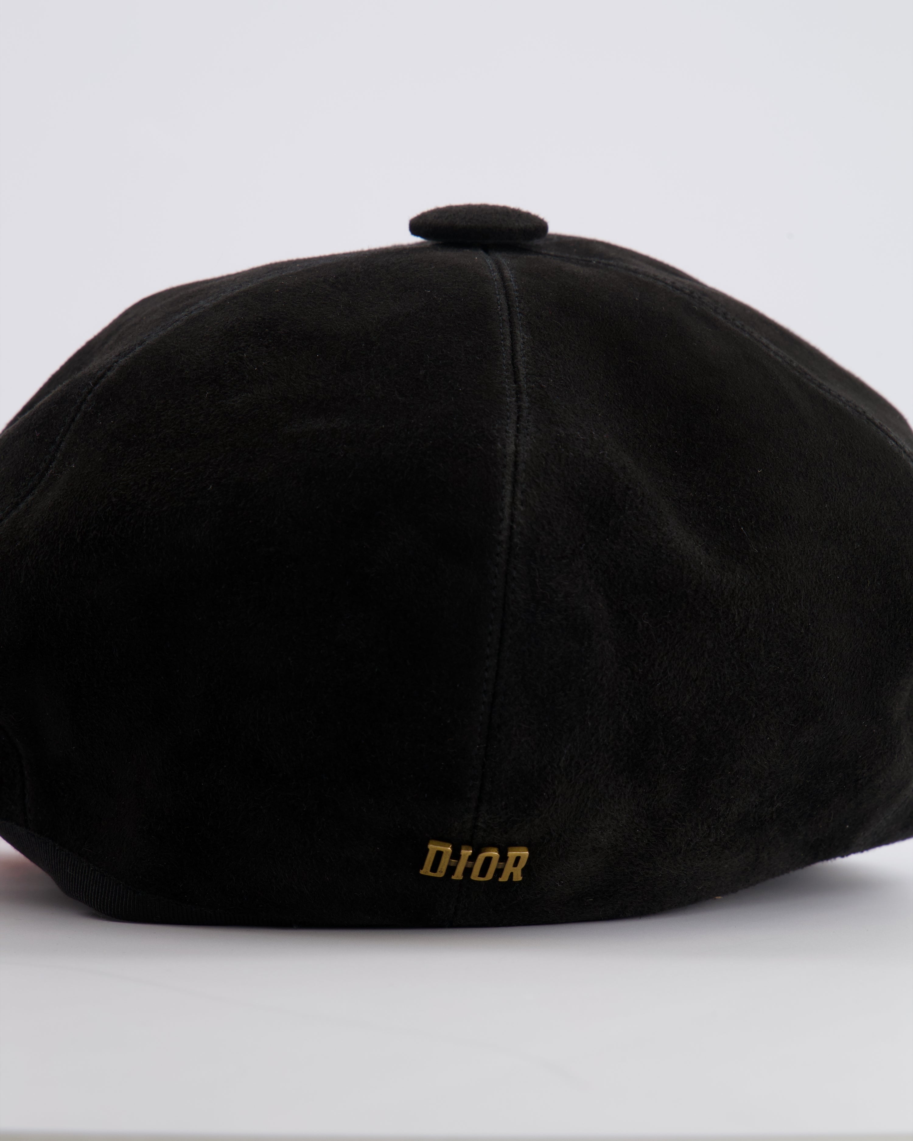 Christian Dior Black Suede Newsboy Hat with Gold Back Logo Detail Size 57