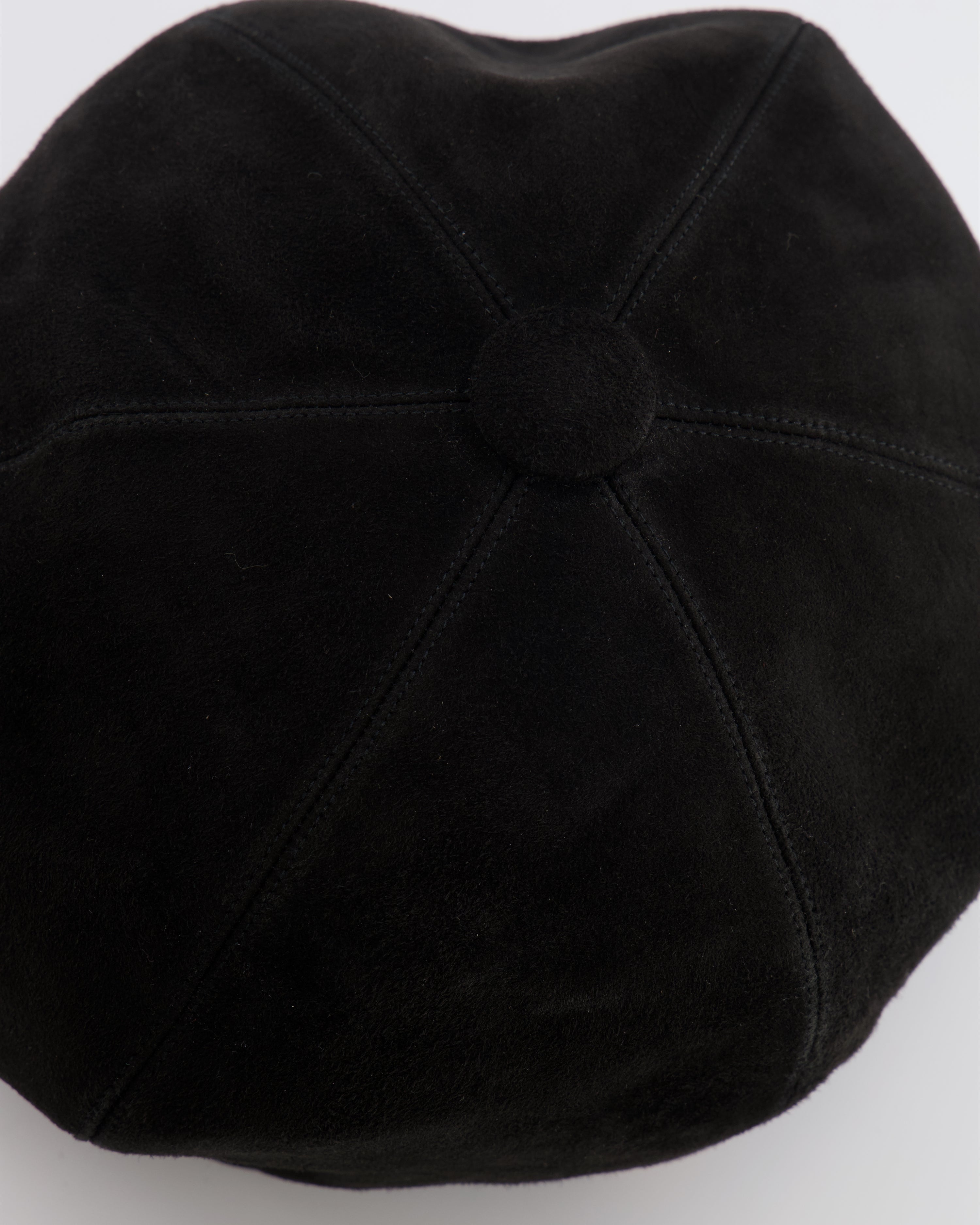 Christian Dior Black Suede Newsboy Hat with Gold Back Logo Detail Size 57