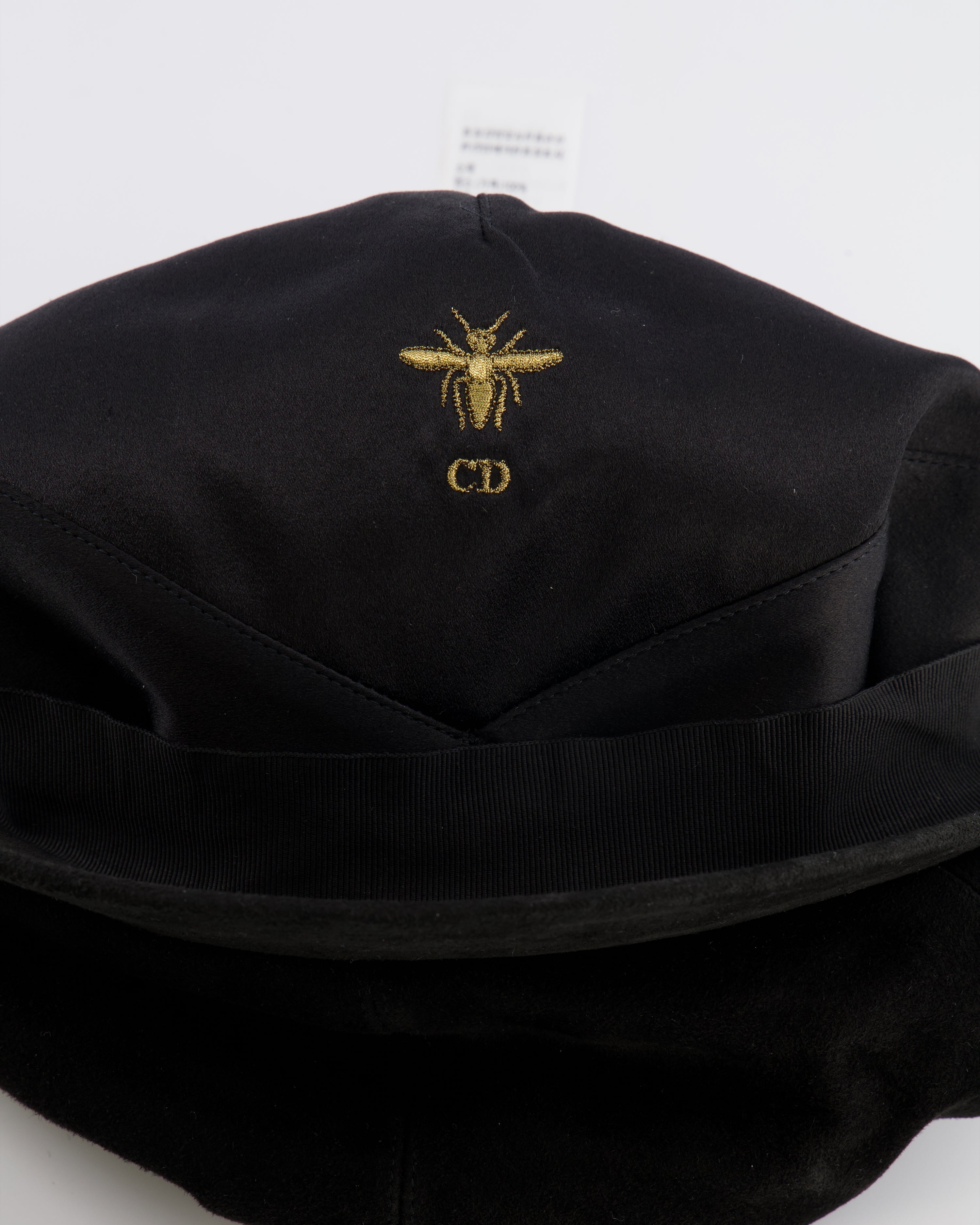 Christian Dior Black Suede Newsboy Hat with Gold Back Logo Detail Size 57