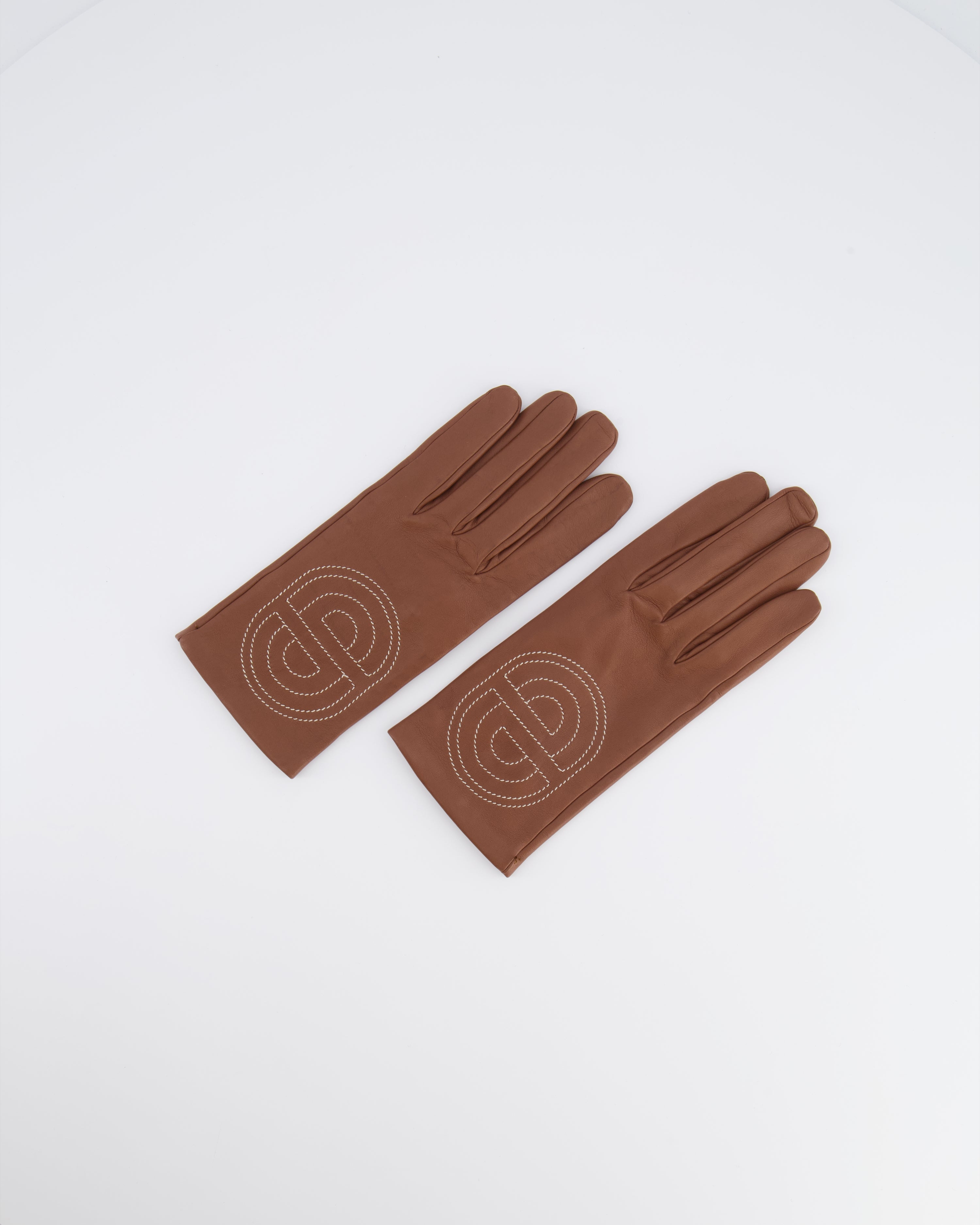 Hermès Brown Lambskin Gloves with Embroidered Detail Size 7