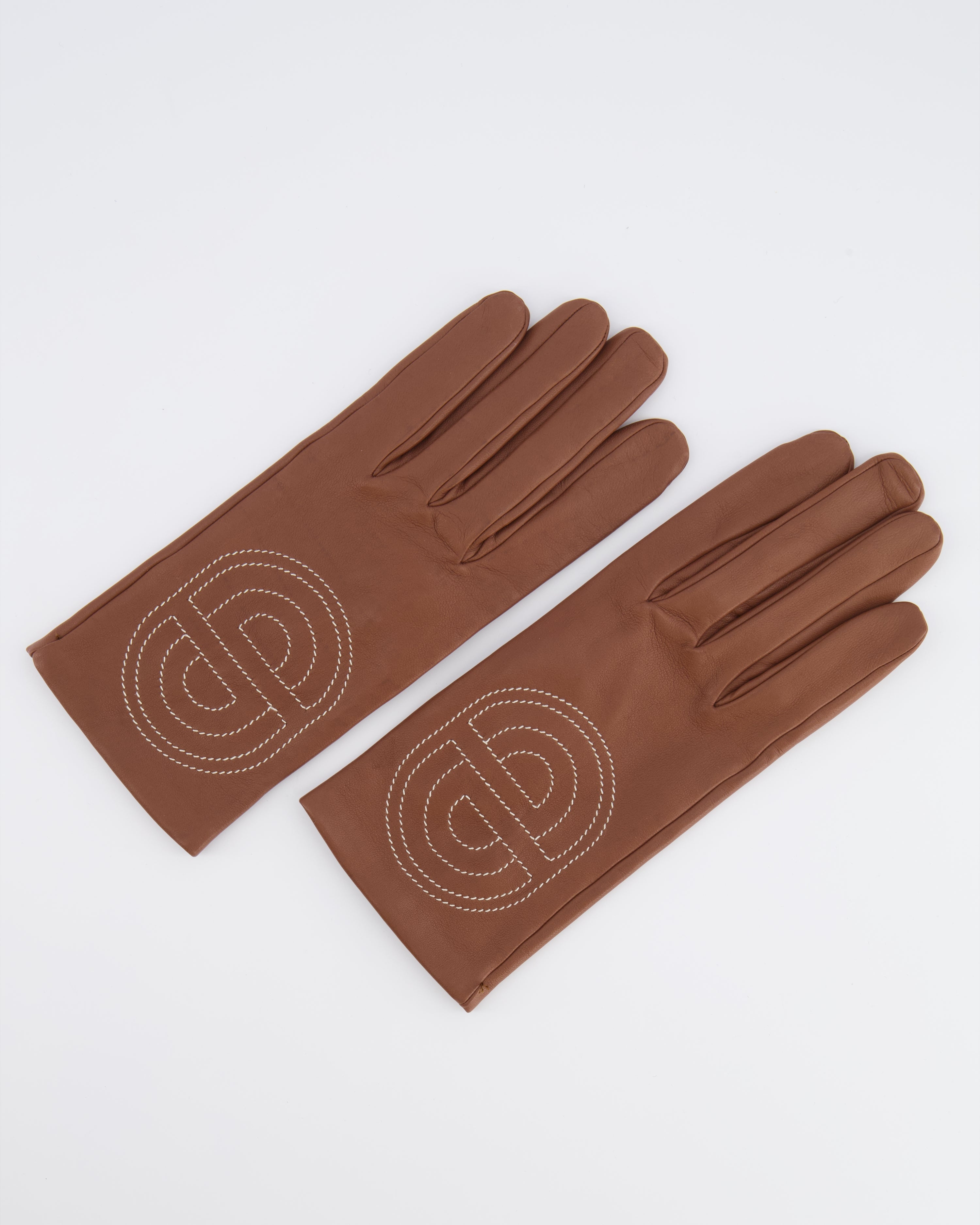 Hermès Brown Lambskin Gloves with Embroidered Detail Size 7