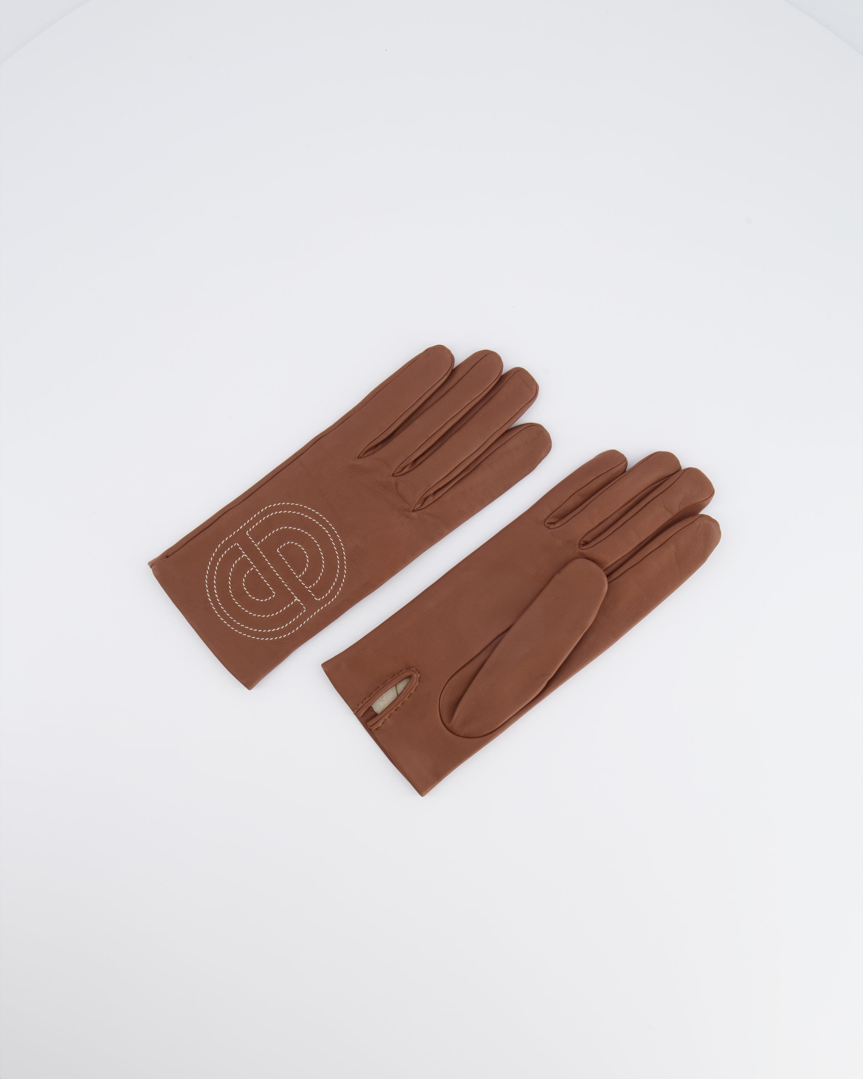 Hermès Brown Lambskin Gloves with Embroidered Detail Size 7