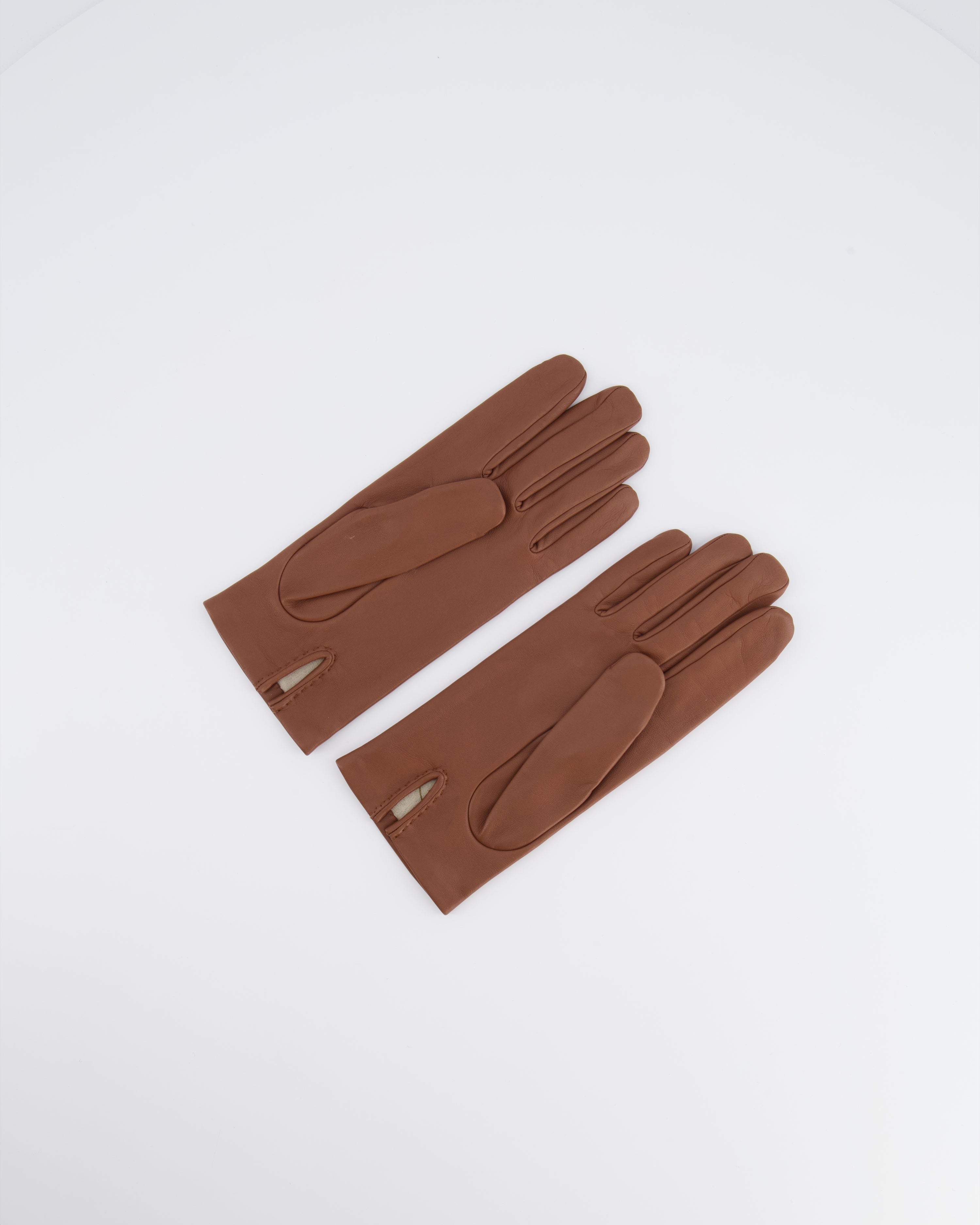 Hermès Brown Lambskin Gloves with Embroidered Detail Size 7