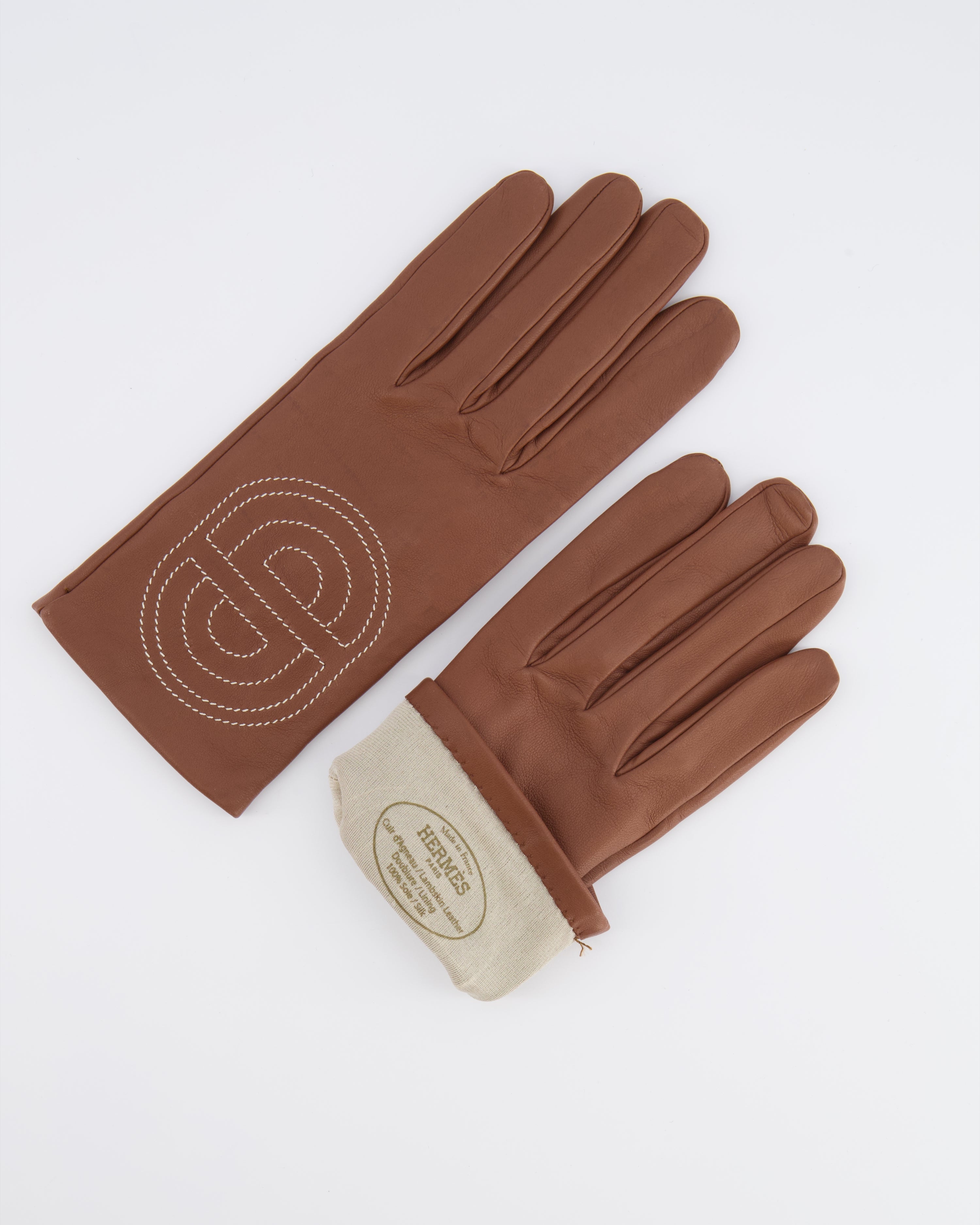 Hermès Brown Lambskin Gloves with Embroidered Detail Size 7