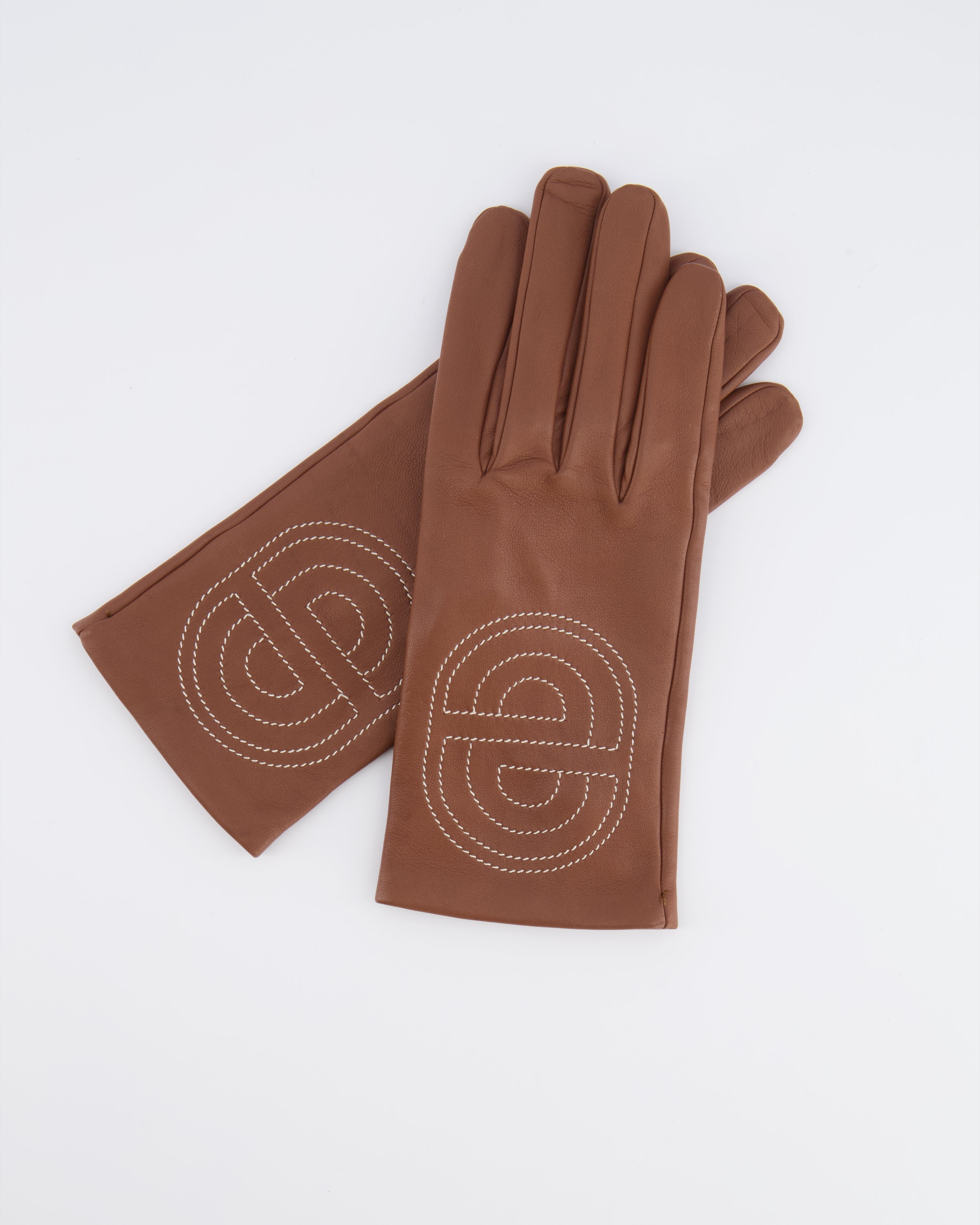 Hermès Brown Lambskin Gloves with Embroidered Detail Size 7
