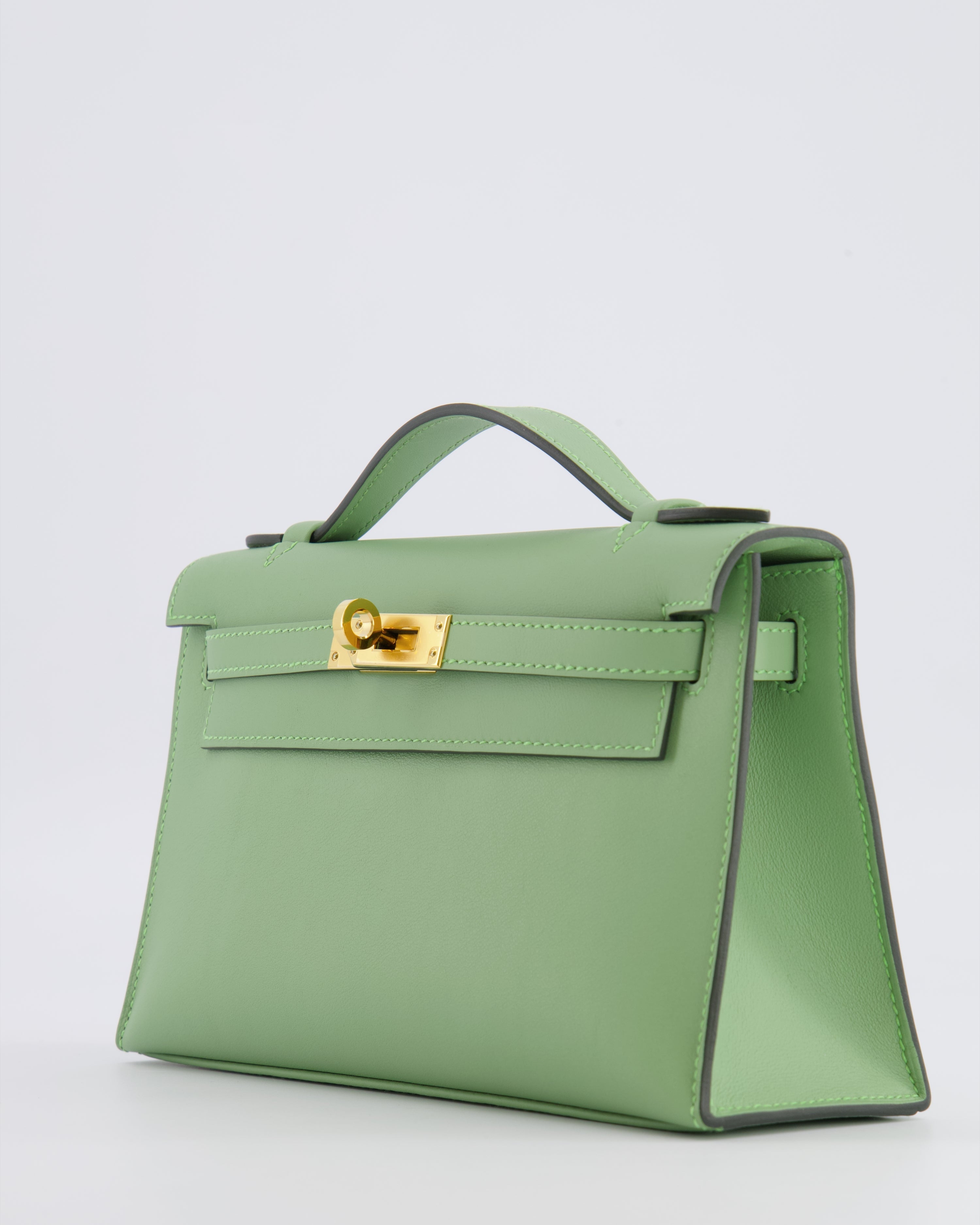 *HOT COLOUR* Hermès Mini Kelly Pochette Bag in Vert Criquet Swift Leather with Gold Hardware
